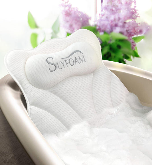 Bath Pillow for Tub Neck and Back Support Bathtub Pillow Essential Bath Accessory for Soaking, Jacuzzi or Spa Bathtub, Luxury Soft 4D Bath Tub Pillow with Strong Suction Cups for Body Relaxing - White