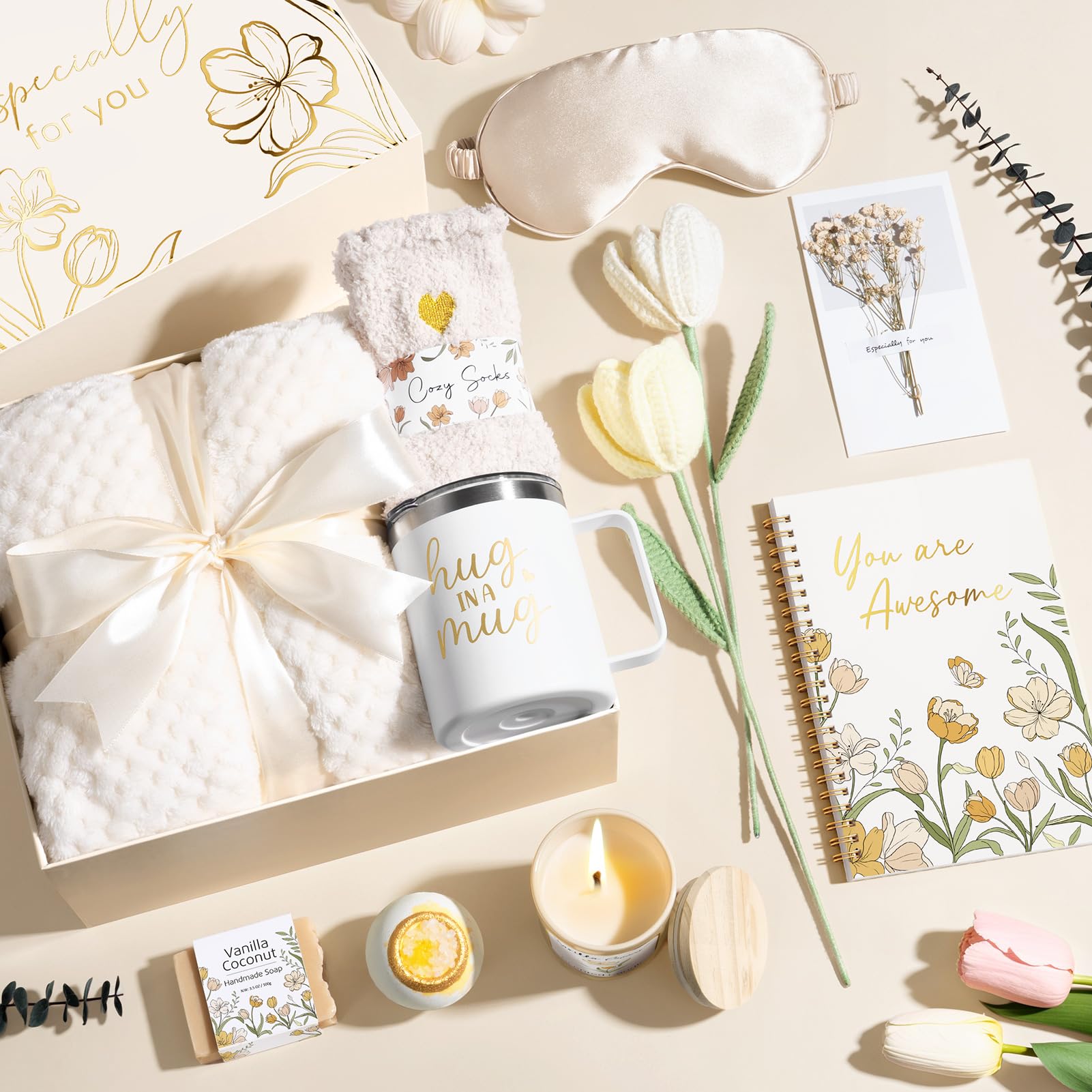 Gift Basket for Women – Self Care Spa Gift Set for Friend with Blanket, Tumbler & Relaxing Essentials.