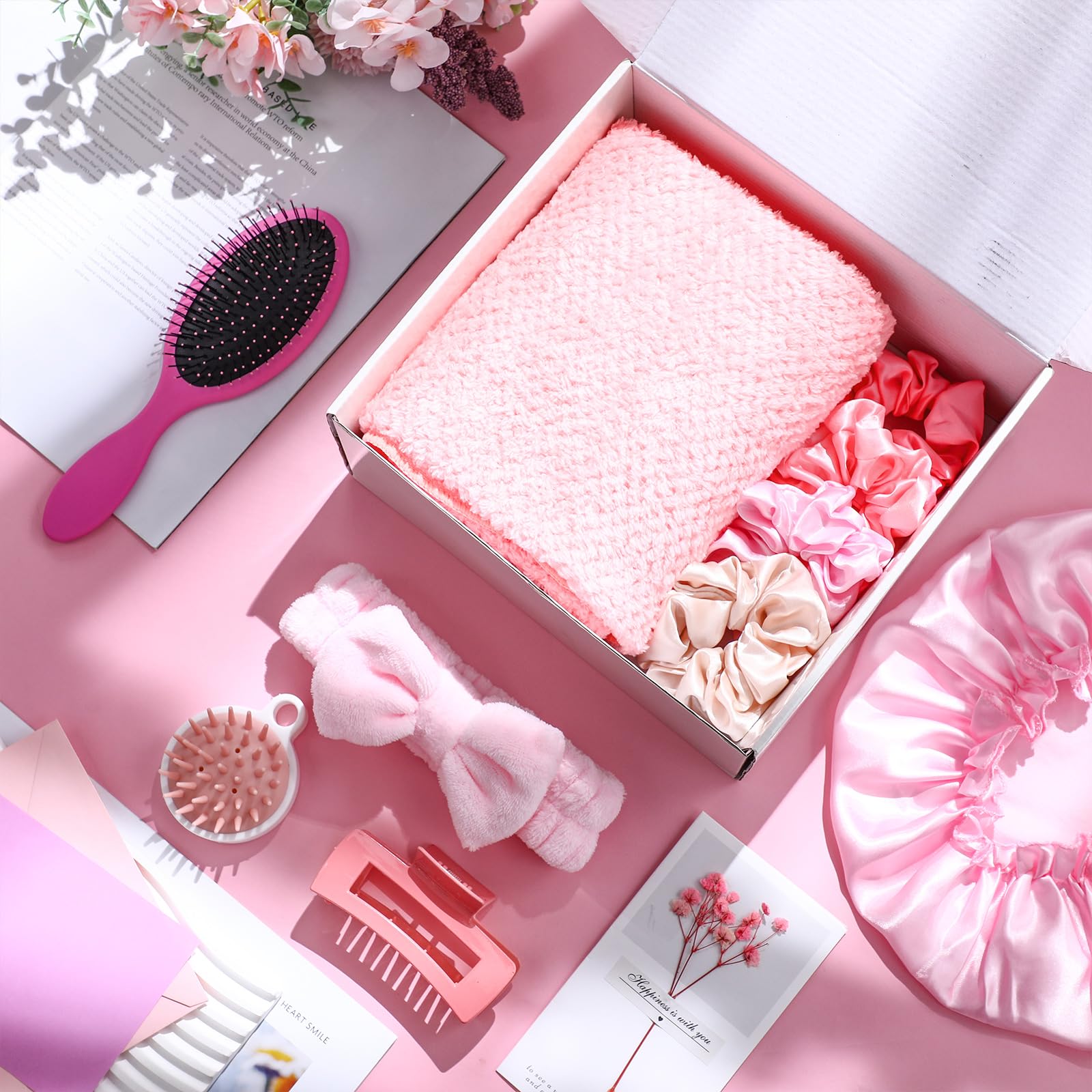 Sawysine 12 Pcs Mother's Day Hair Care Gift Set with Pink Microfiber Hair Drying Towel Spa Kit Include Quick Dry Hairs Towel Wrap Silk Bonnet Headband Brush for Women Birthday Wedding Gifts