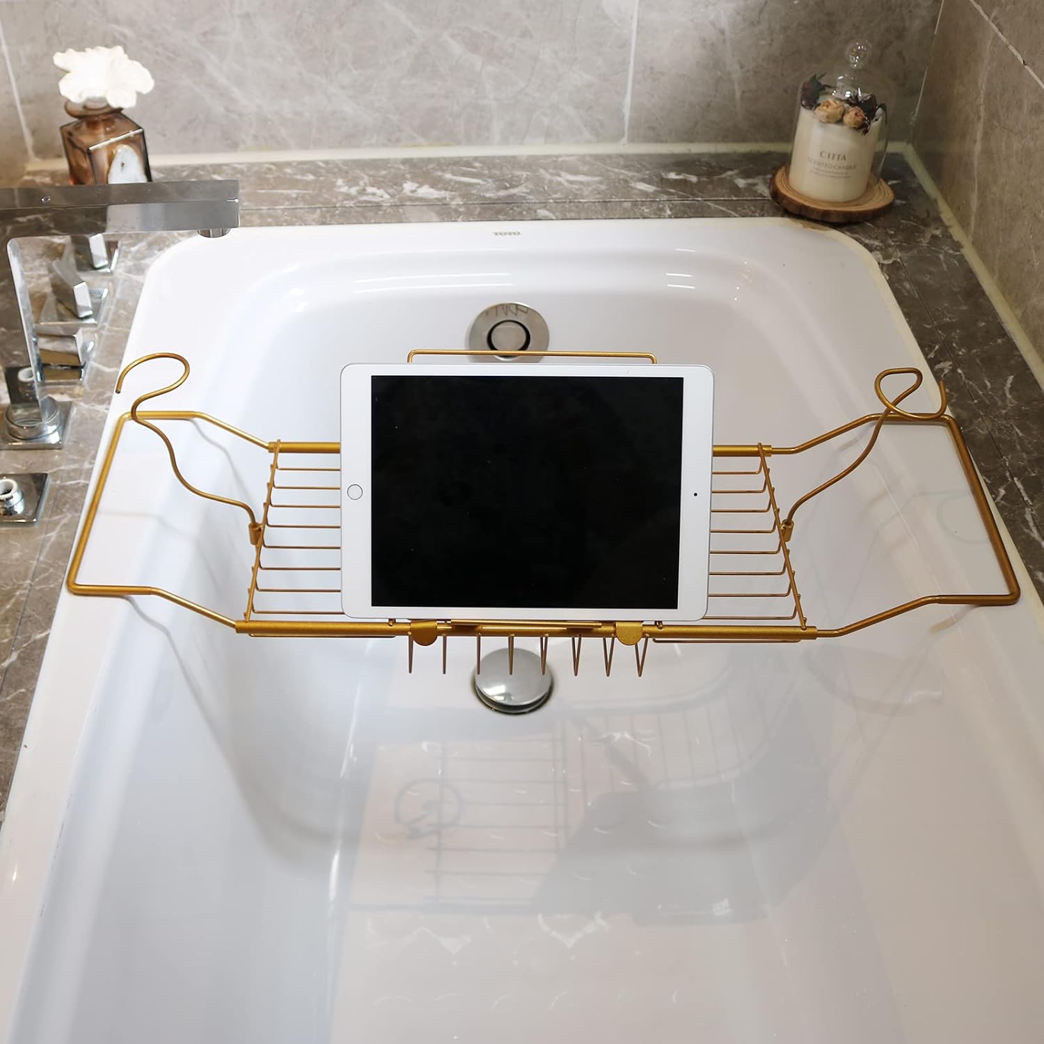 BESTHLS Bathtub Tray Caddy for Luxury Bath Expandable Extra Wide Bath Tub Tray with Wine Glass Holder & Soap Accessaries Holder & Laptop Reading and Organizer Ideal for Home Spa Lover (Silver)