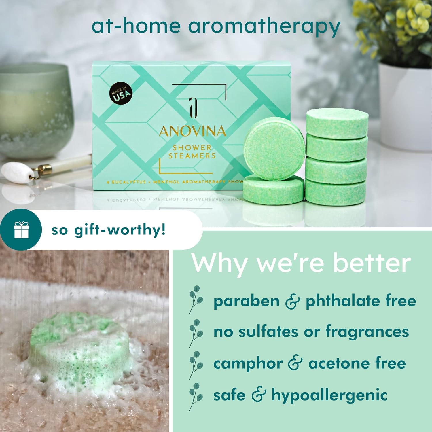 Anovina 6XL Eucalyptus Essential Oil Shower Steamers Gift Box. Proudly Made in USA. Shower Tablets Gifts for Men and Women. Shower Bomb Aromatherapy. Self Care Aromatherapy Gifts for All Occasions