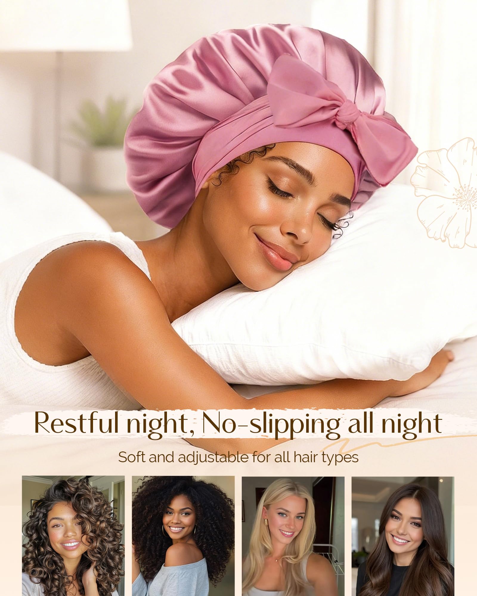 Adjustable Double Layer Satin Bonnet, Silk Hair Bonnet for Sleeping with Elastic Tie Curly Natural Hair Reduce frizz