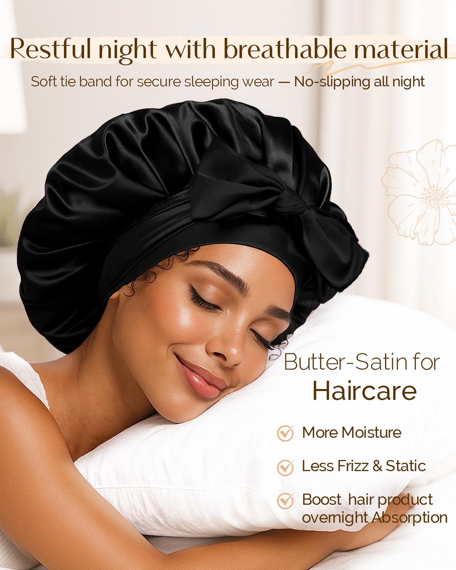 Adjustable Double Layer Satin Bonnet, Silk Hair Bonnet for Sleeping with Elastic Tie Curly Natural Hair Reduce frizz
