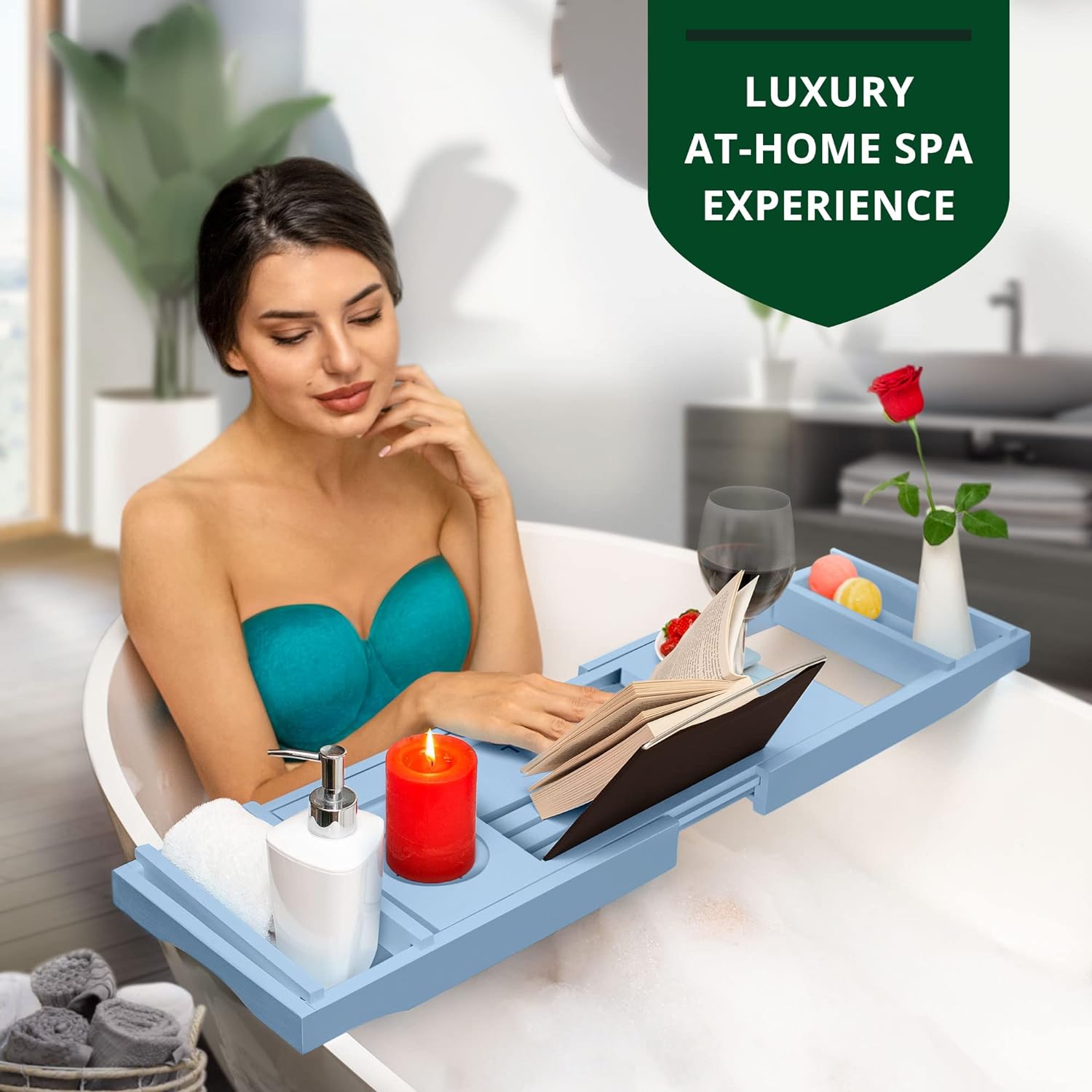 ROYAL CRAFT WOOD Foldable Bathtub Tray Caddy Bamboo Bathtub Tray Expandable, Bath Tub Table Caddy with Extending Sides - Free Soap Dish