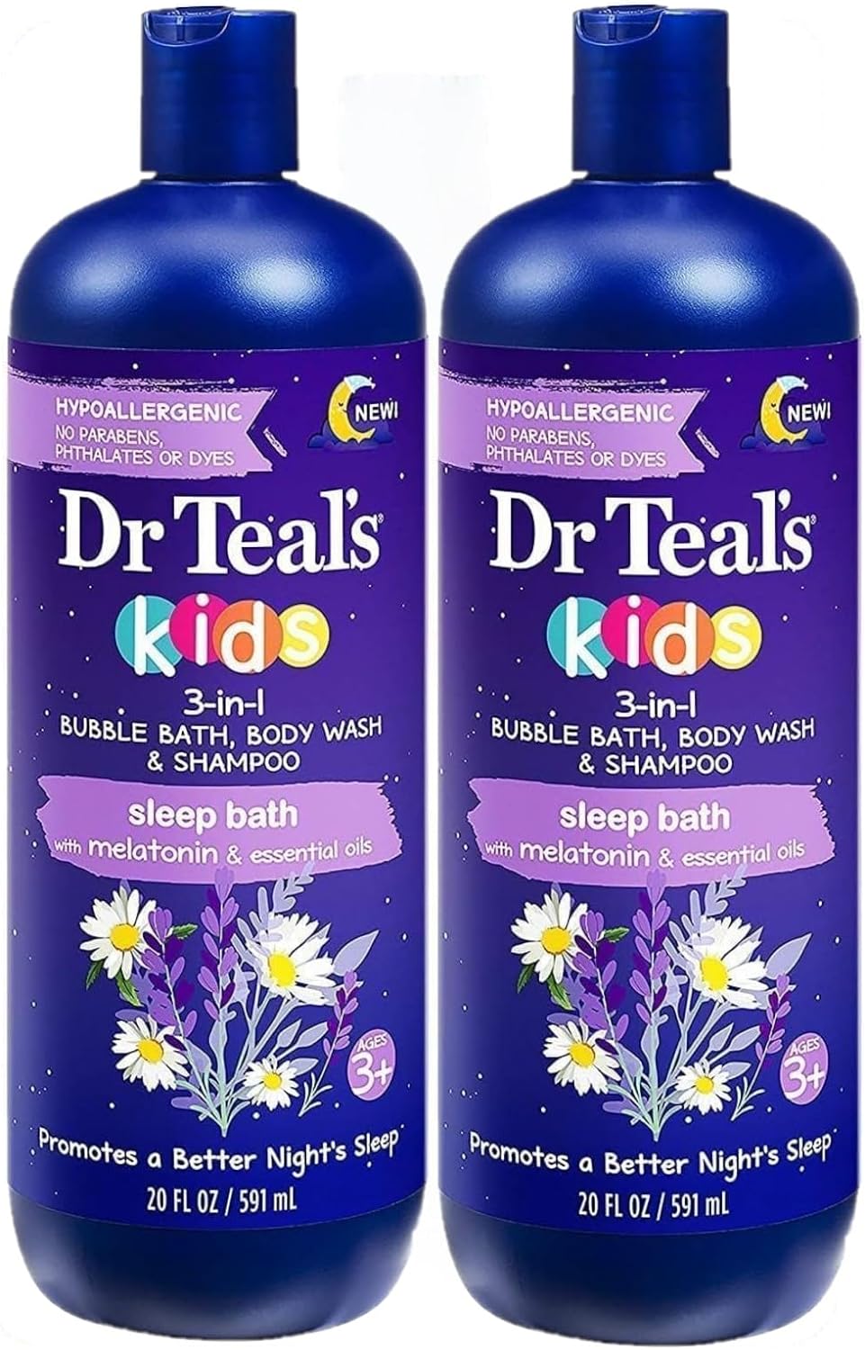 Dr. Teals Kids 3 in 1 Foaming Bath Gift Set (2 Pack, 20oz Ea) - Kids 3 in 1 Bubble Bath, Body Wash & Shampoo with Melatonin & Pure Epsom Salt - Essential Oils Nourish Skin - Hypoallergenic Formula