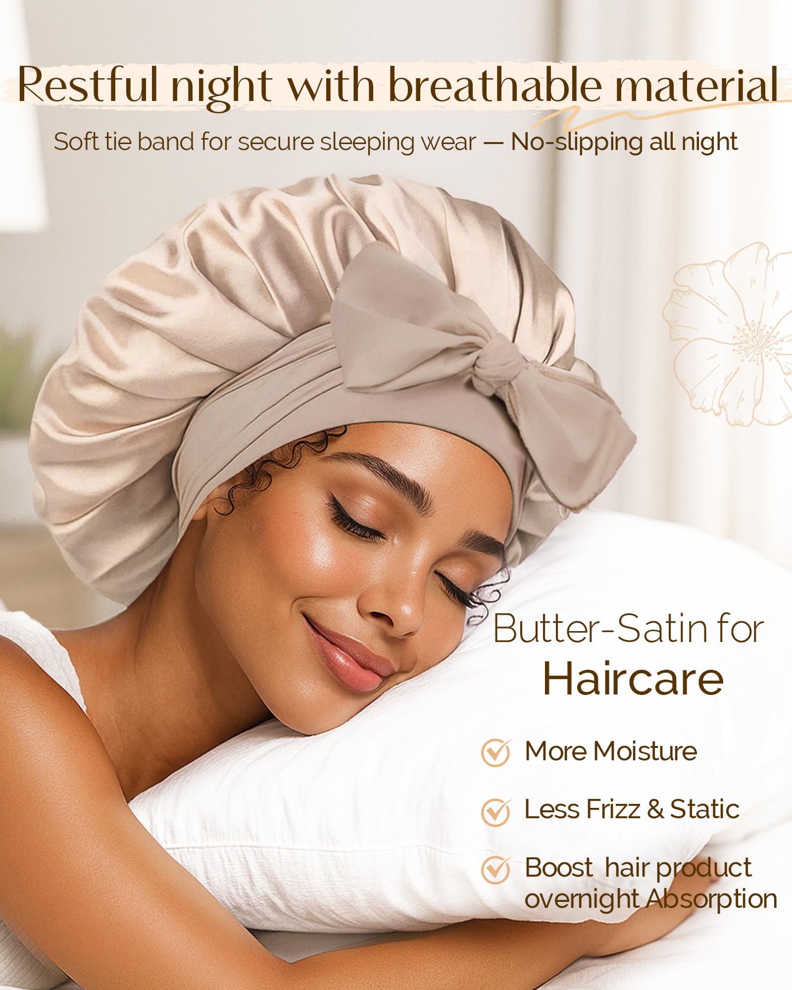 Adjustable Double Layer Satin Bonnet, Silk Hair Bonnet for Sleeping with Elastic Tie Curly Natural Hair Reduce frizz