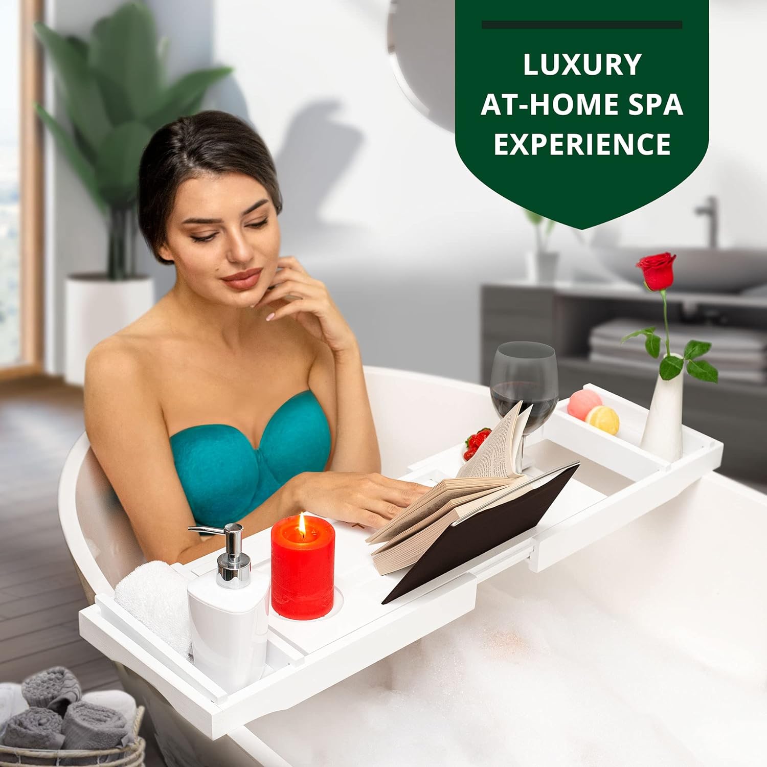 ROYAL CRAFT WOOD Foldable Bathtub Tray Caddy Bamboo Bathtub Tray Expandable, Bath Tub Table Caddy with Extending Sides - Free Soap Dish