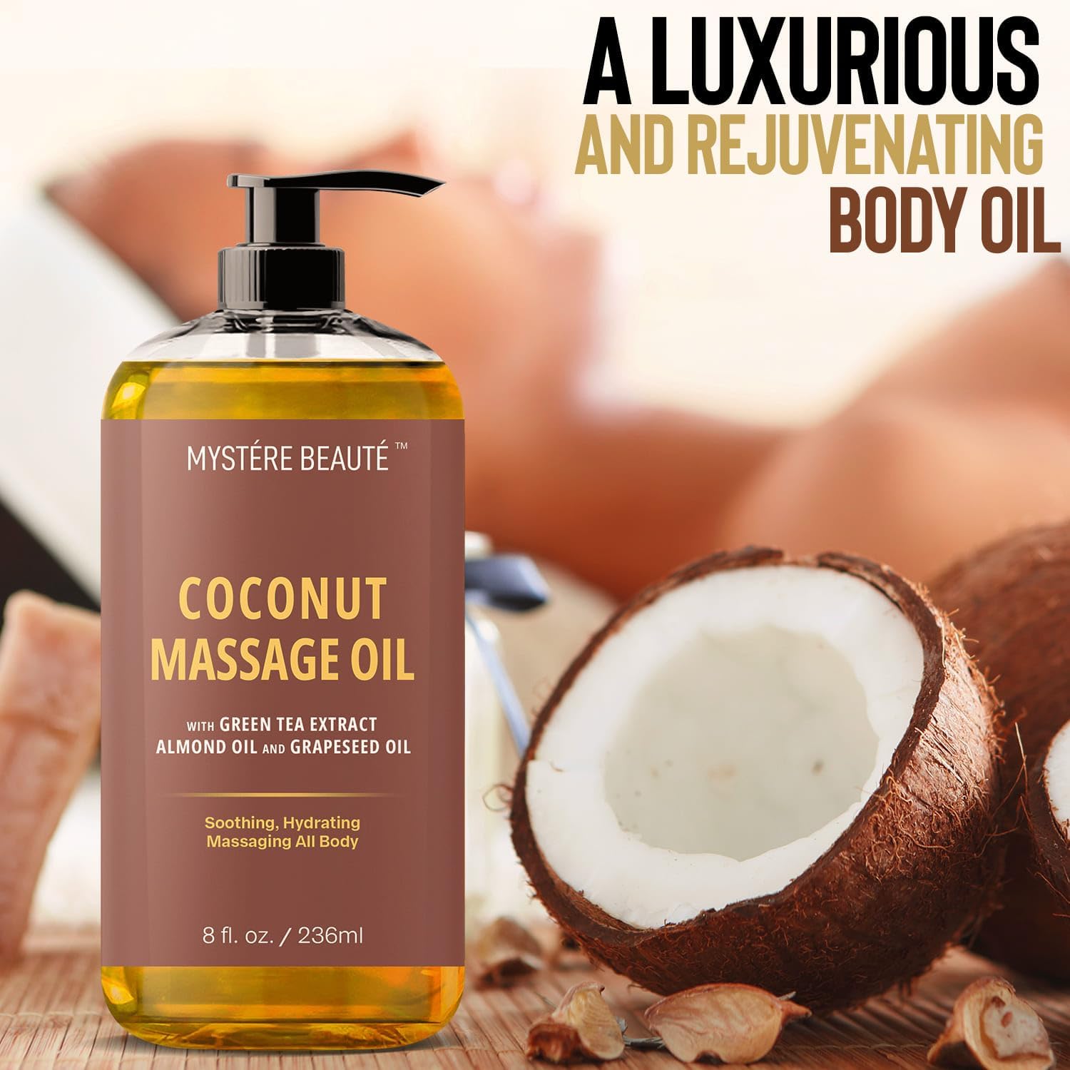 MYSTÉRE BEAUTÉ Sore Muscle Massage Oil for Massage Therapy with Arnica - Relaxing, Warming, Eases Muscle Soreness & Stiffness - Moisturizes Skin - Premium-Quality - 8 fl oz