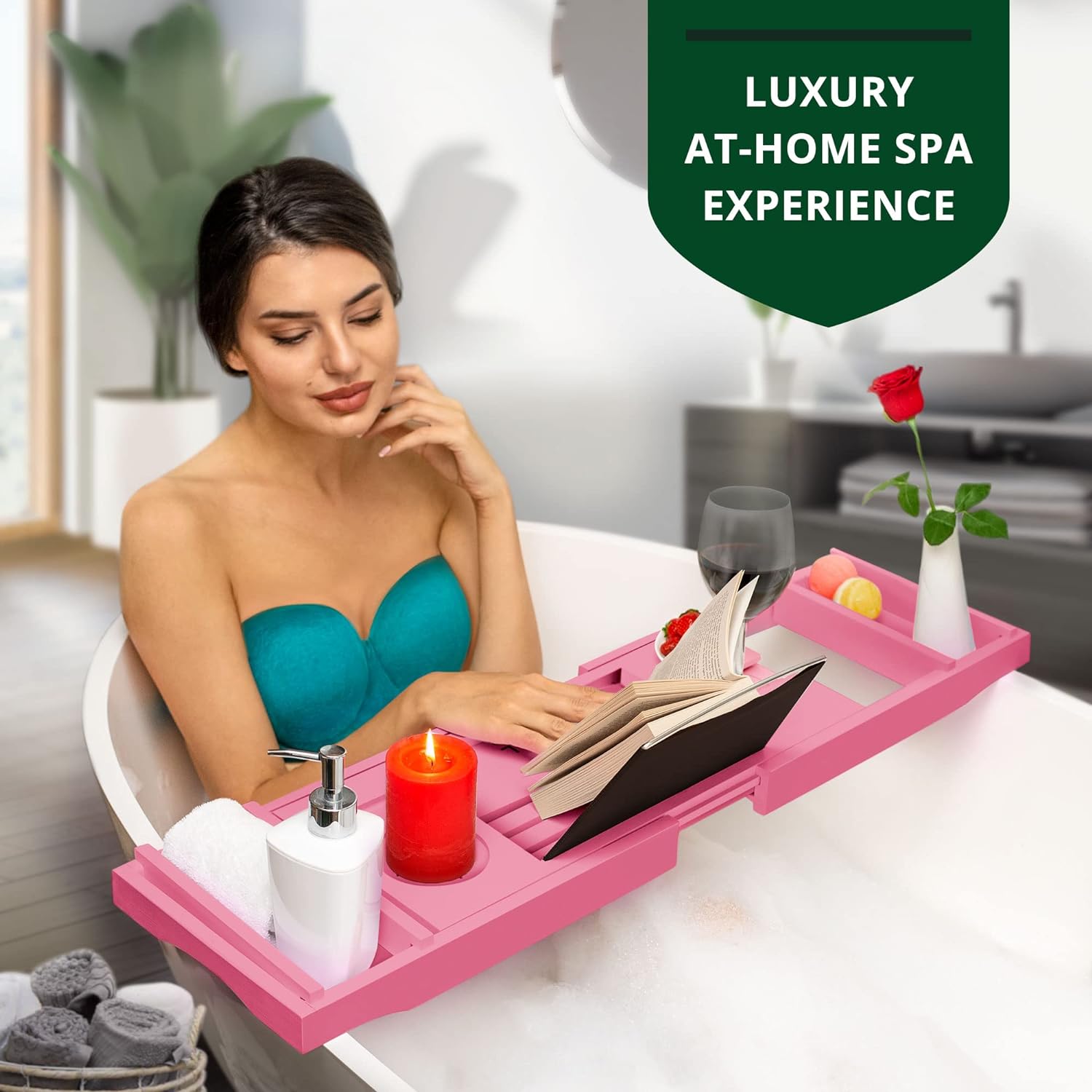 ROYAL CRAFT WOOD Foldable Bathtub Tray Caddy Bamboo Bathtub Tray Expandable, Bath Tub Table Caddy with Extending Sides - Free Soap Dish