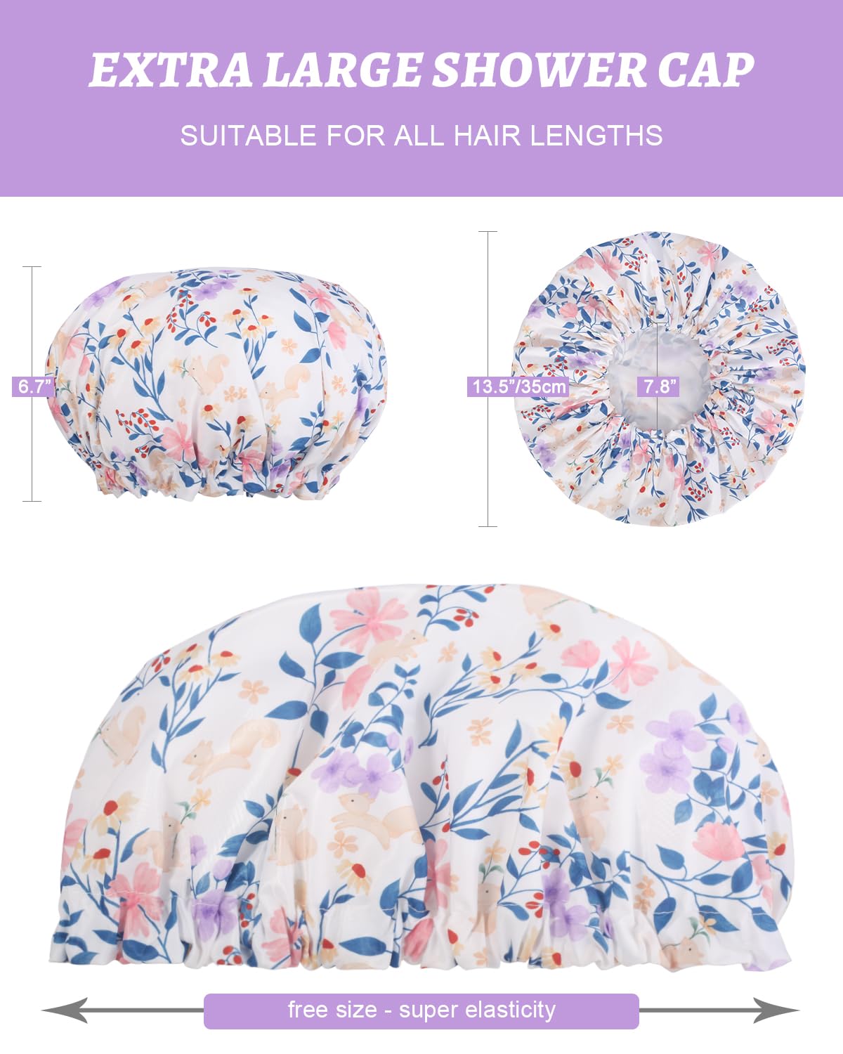 Aquior Shower Caps, Double Layer Waterproof Shower Cap for Women, Reusable Large Shower Cap for all Hair Lengths with EVA Lining, Soft Bath Shower Caps