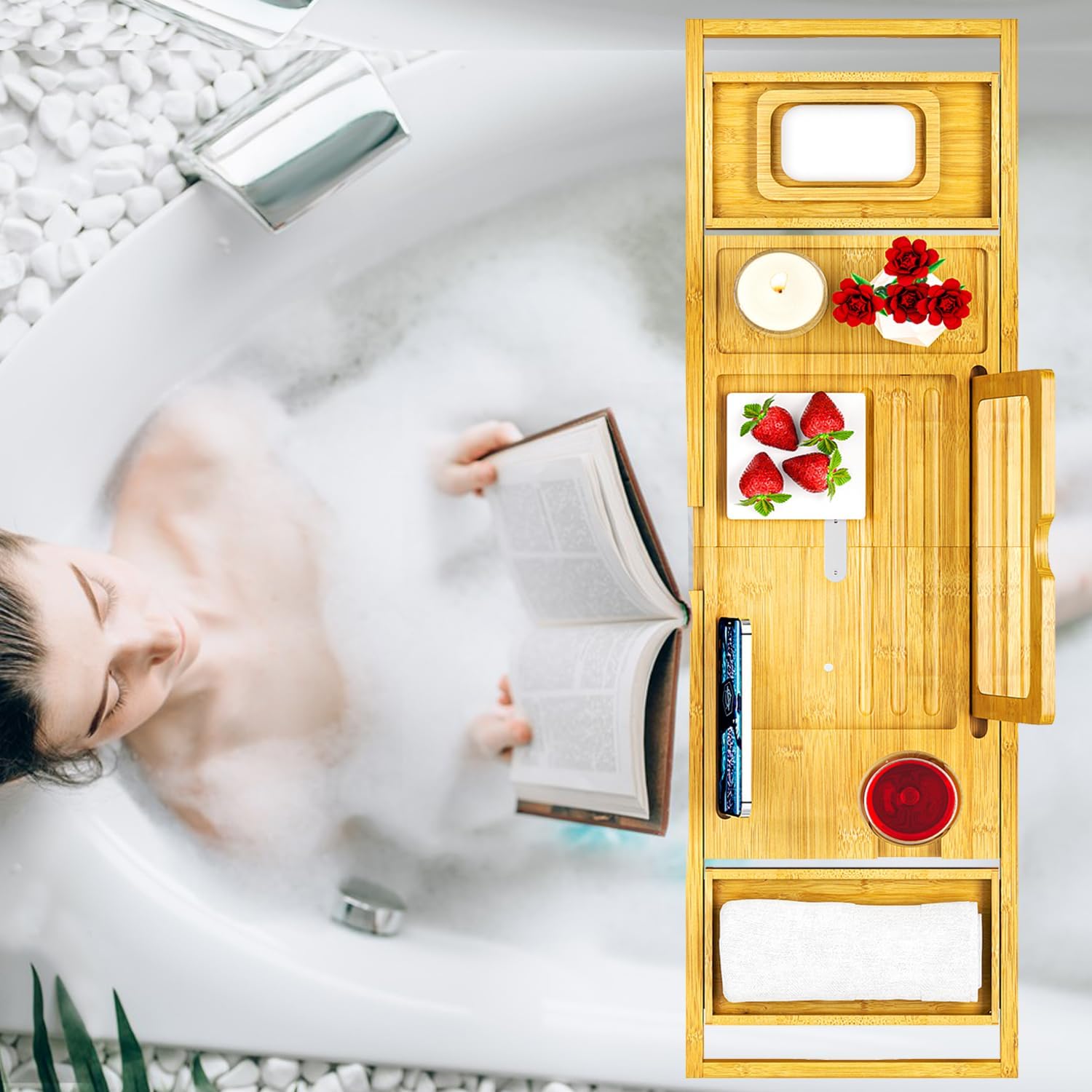 Premium Bathtub Tray Caddy - Bath Tray Bamboo Expandable - Bath Tub Tray Table for Bathtub - Expandable Size, Fits Most Bath Tubs