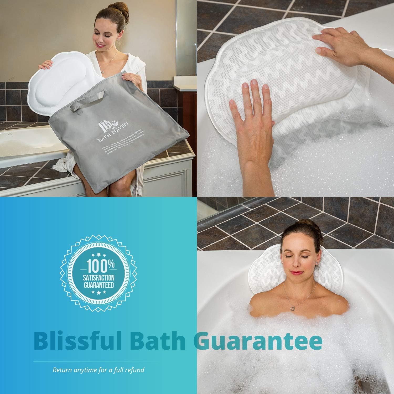 Bath Pillow Bathtub Pillow Back Neck Support Pillow, Spa Cushion for Tub, Relaxing Headrest Bath Pillow, Portable Washable Bathtub Accessories with 3D Air Mesh Thick Soft Bath Pillow, White