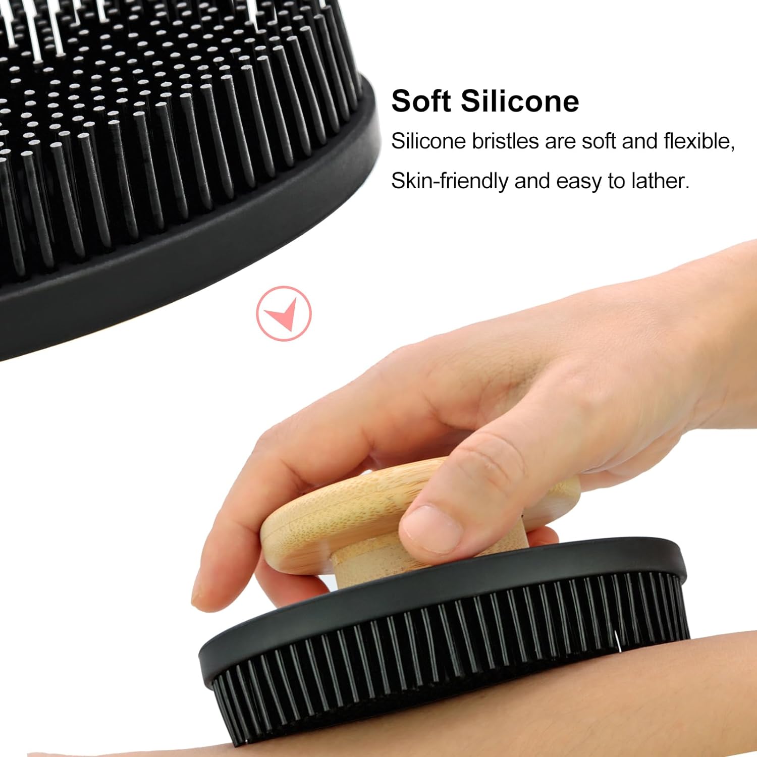 Silicone Bath Brush with Bamboo Handle.