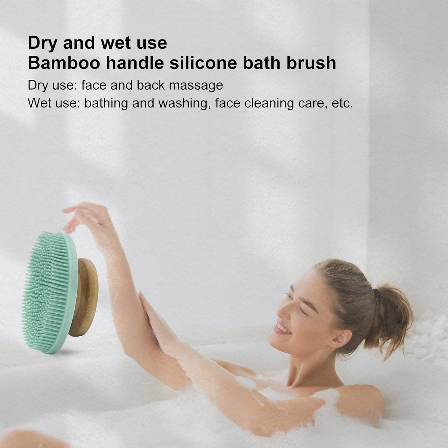 Silicone Bath Brush with Bamboo Handle.