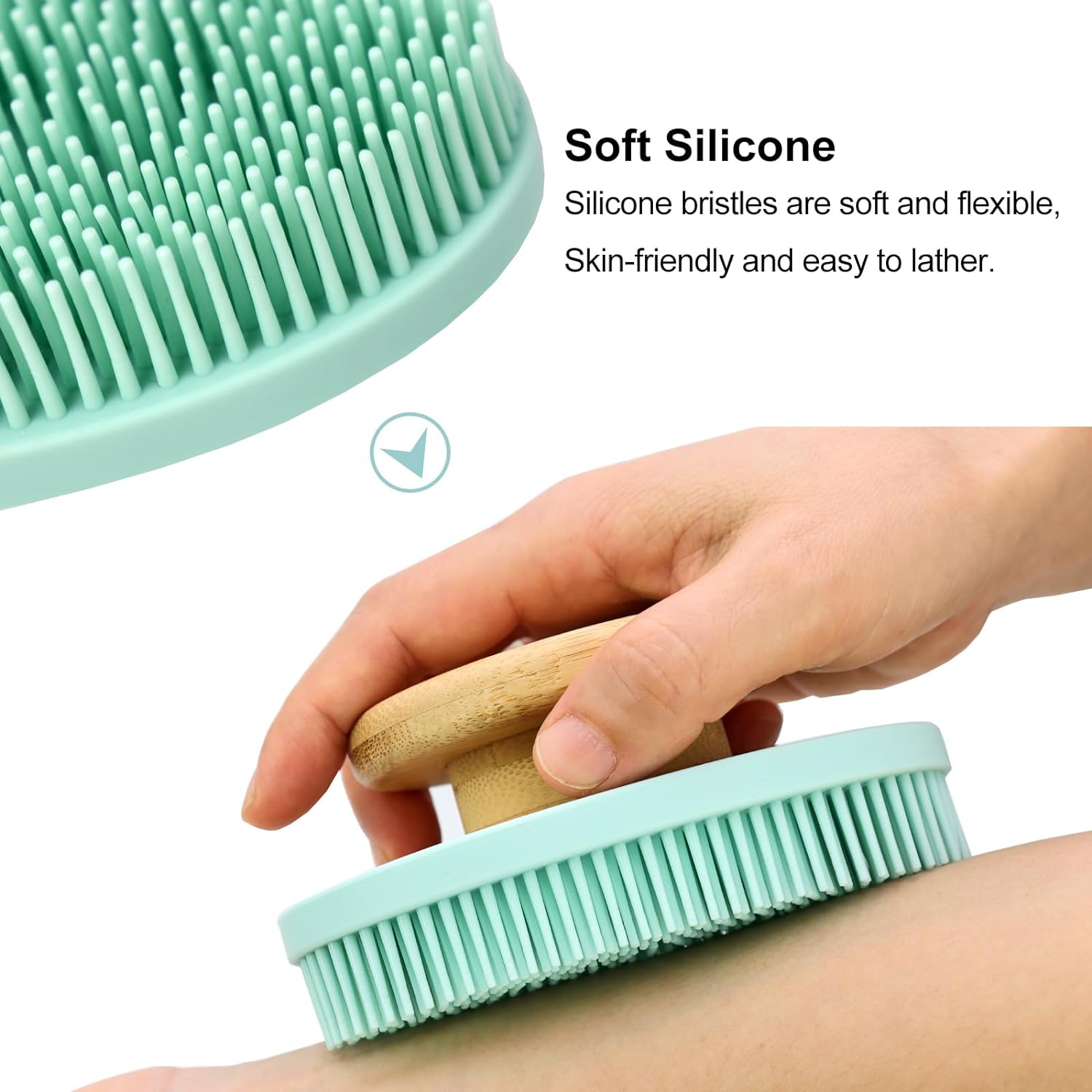 Silicone Bath Brush with Bamboo Handle.