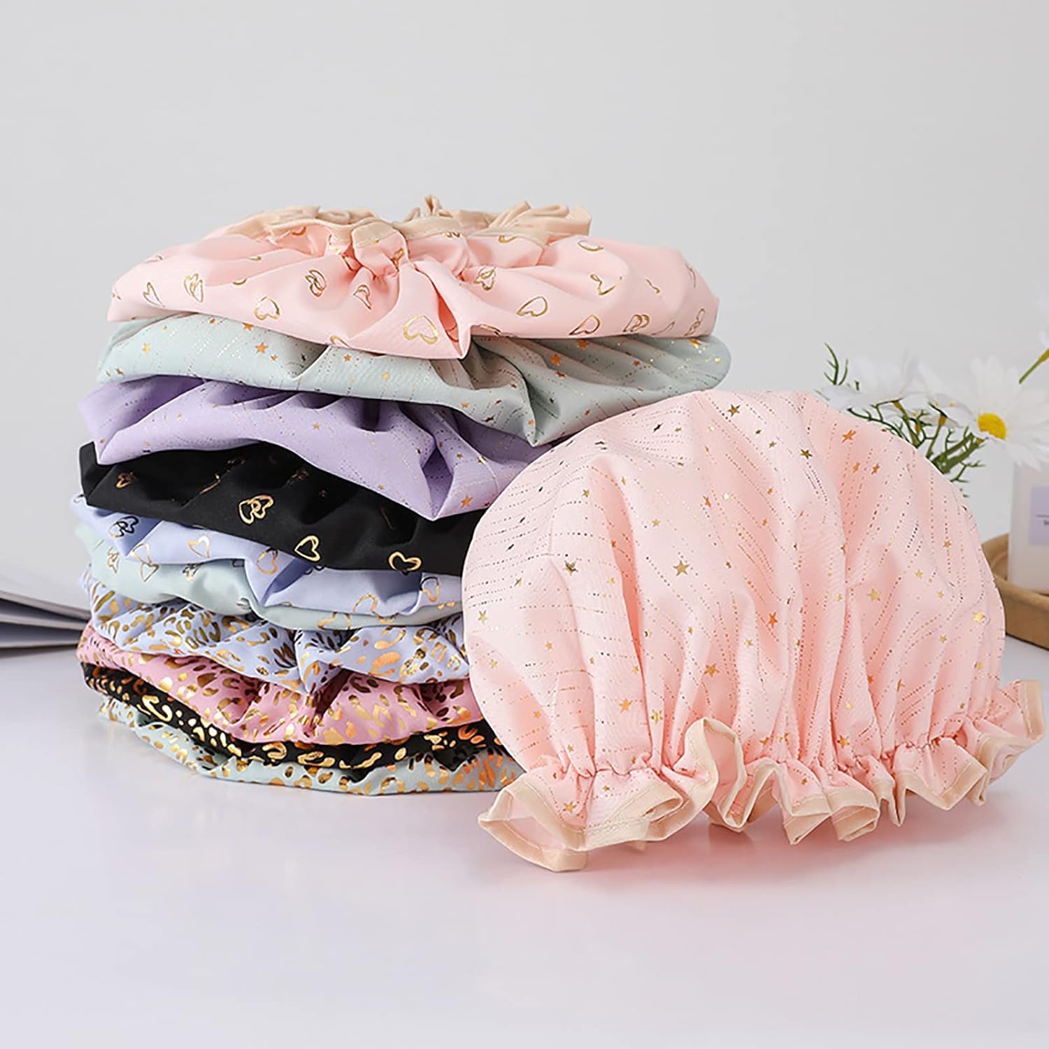 Qeuly 2 Pack Waterproof Shower Cap, Reusable Shower Cap for Women, Elastic Bathing Shower Hat Double Layers Bathing Hair Cap PEVA Lined Shower Hair Bath Cap (Pink)