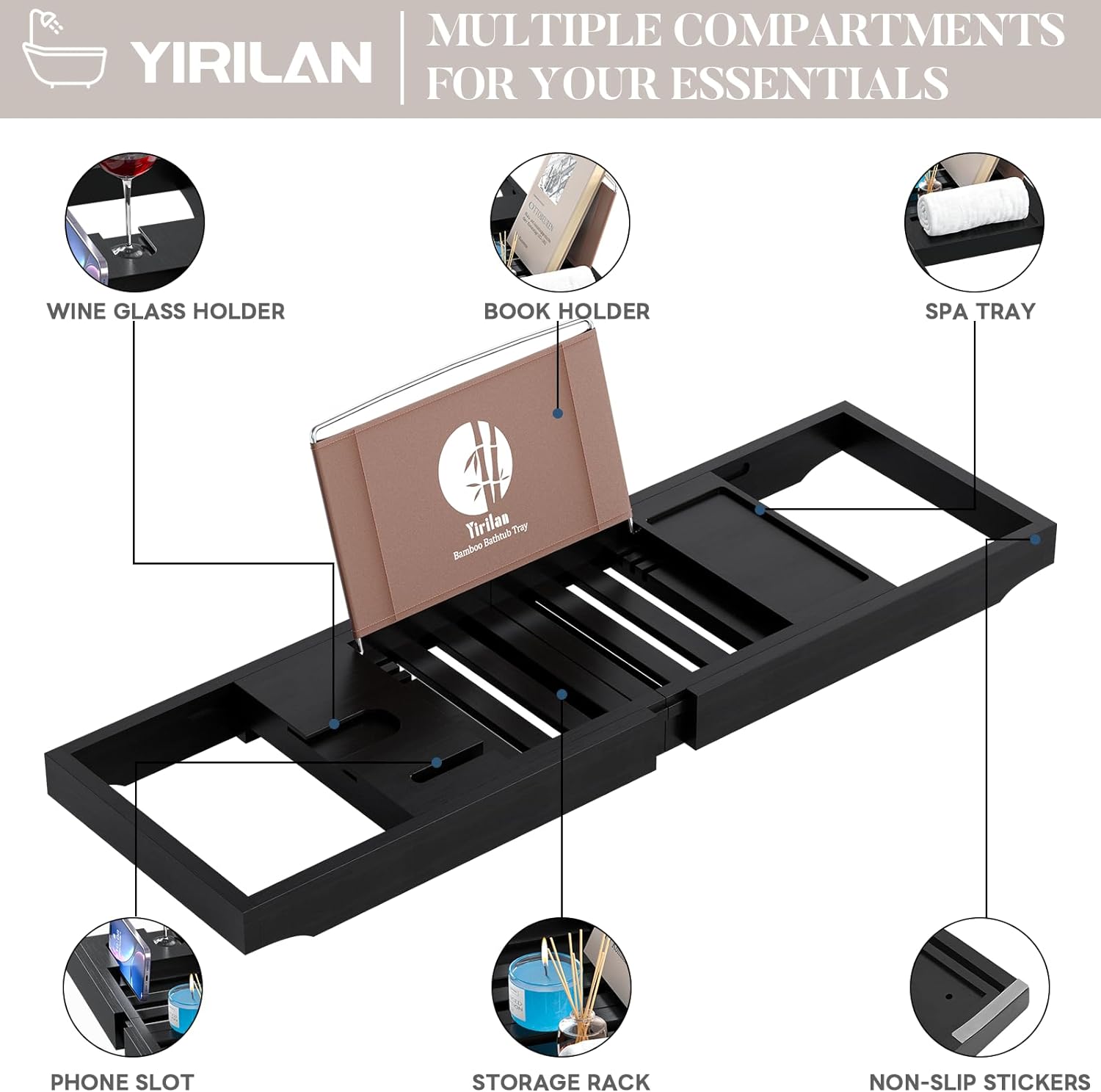 Yirilan Premium Bathtub Tray Caddy - Expandable Bath Tray - Unique House Warming Gifts, New Home, Anniversary & Wedding Gifts for Couple, Bridal Shower Gift for Women