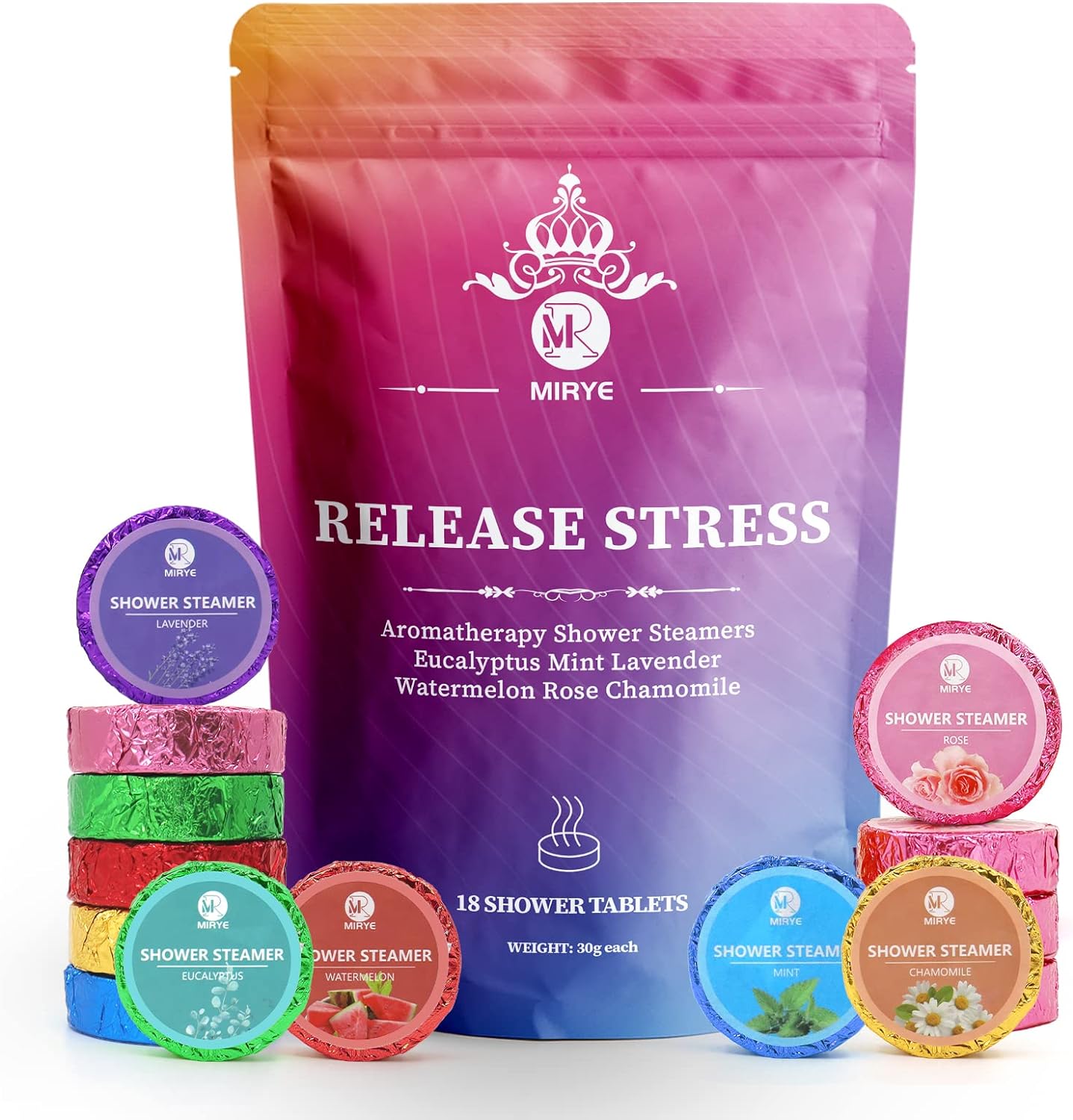 MR MIRYE Shower Steamers Aromatherapy for Women or Men, Organic with Chamomile Rose Lavender Mint Watermelon Eucalyptus Essential Oil, 18-Pack Shower Bombs Birthday Gift