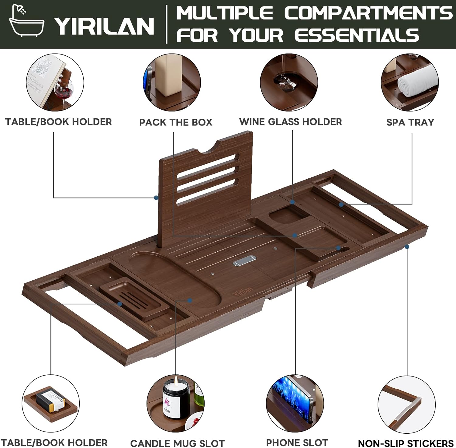 Yirilan Premium Bathtub Tray Caddy - Expandable Bath Tray - Unique House Warming Gifts, New Home, Anniversary & Wedding Gifts for Couple, Bridal Shower Gift for Women
