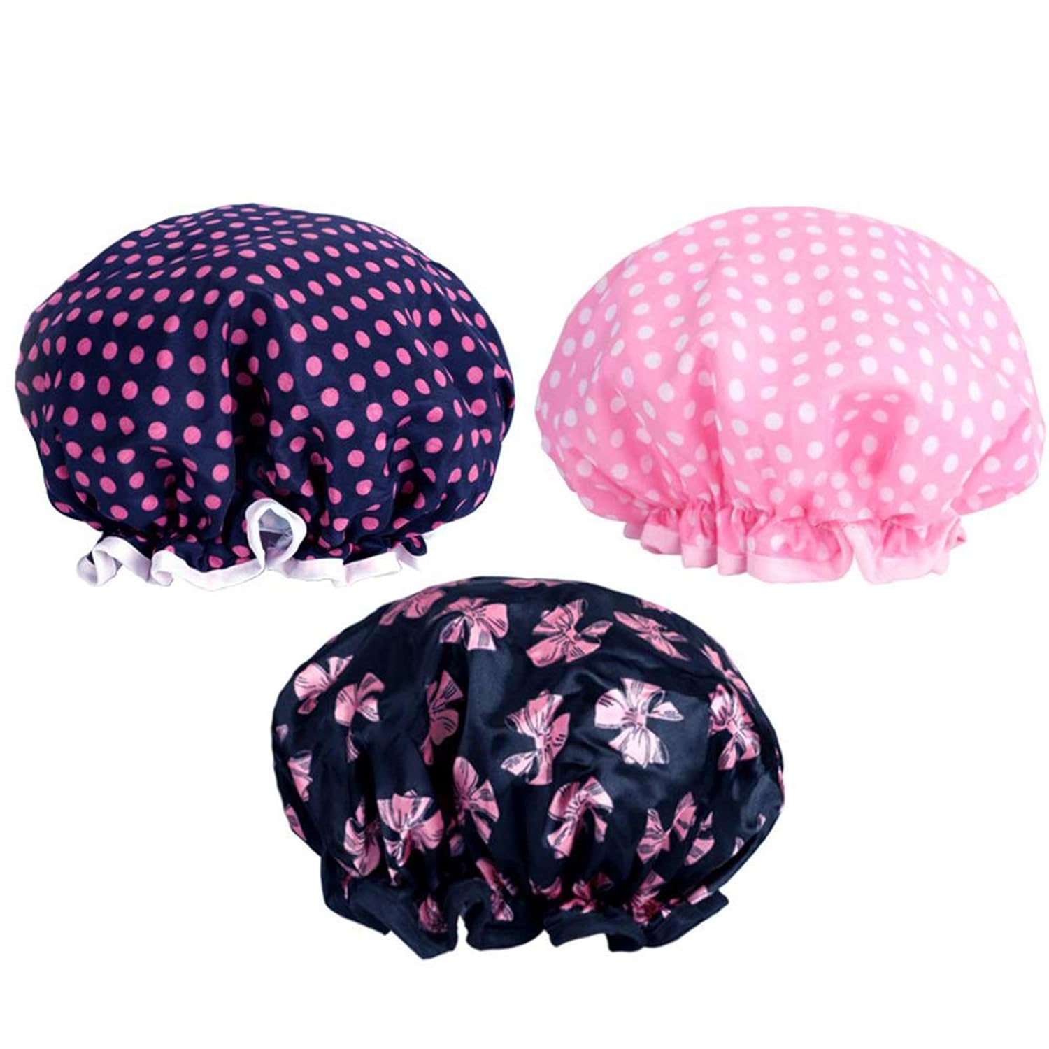 KissDate 3 Packs Double layer Shower Cap Waterproof Elastic Bath Cap for Women Shower Spa Salon