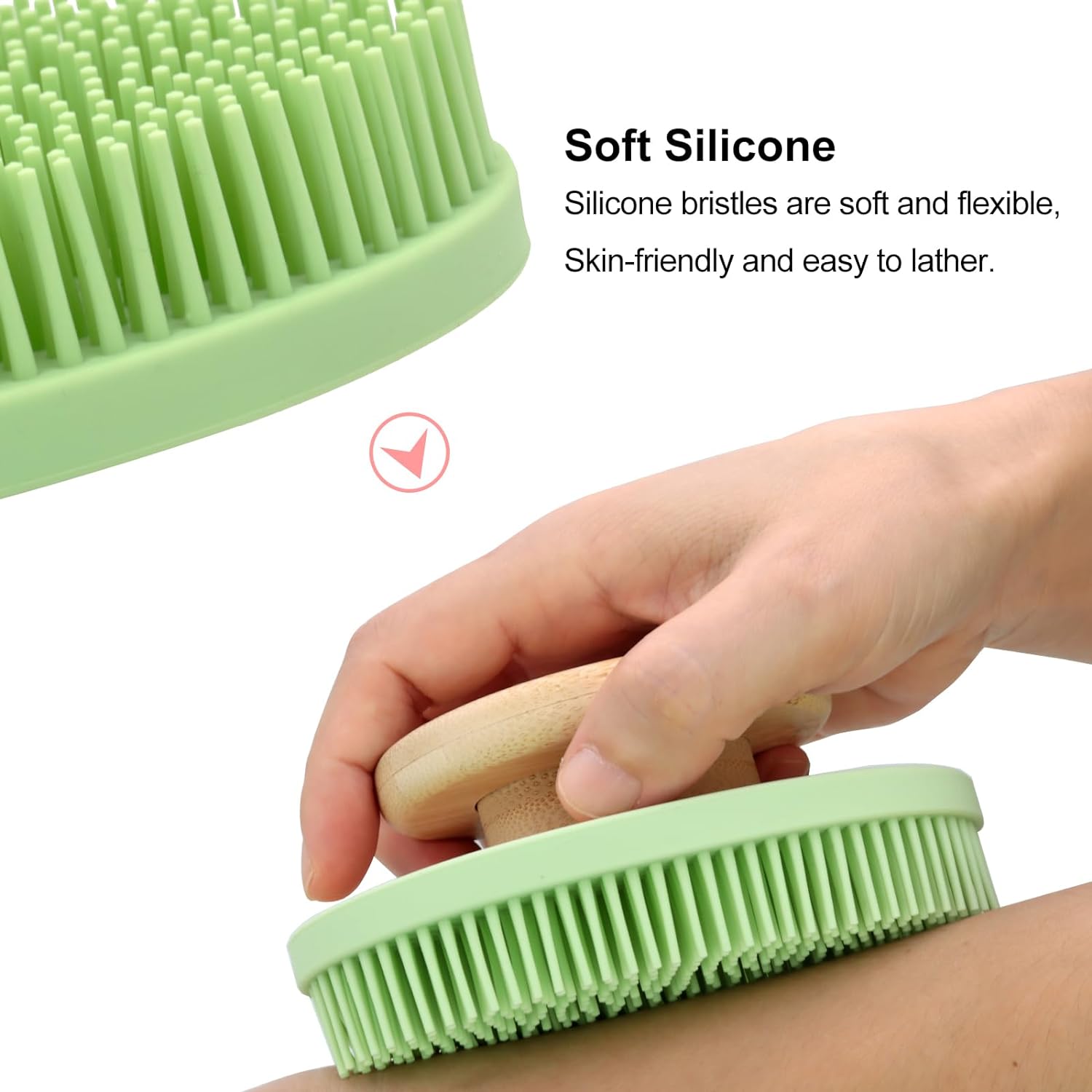 Silicone Bath Brush with Bamboo Handle.