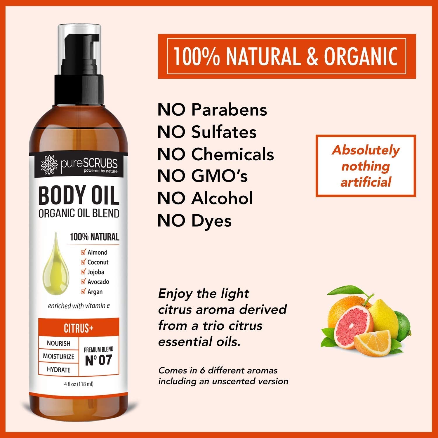 pureSCRUBS Ultra Moisturizing SANDALWOOD BODY OIL Spray For Dry Skin, Massage, Cuticles & More, Organic Blend of Jojoba, Argan, Coconut, Sweet Almond & Avocado Oils Enriched with Vitamin E - Lg 4oz