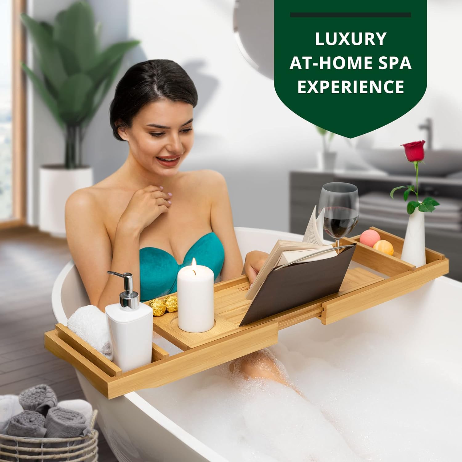 ROYAL CRAFT WOOD Foldable Bathtub Tray Caddy Bamboo Bathtub Tray Expandable, Bath Tub Table Caddy with Extending Sides - Free Soap Dish