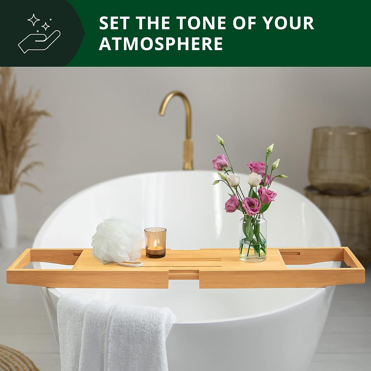 ROYAL CRAFT WOOD Foldable Bathtub Tray Caddy Bamboo Bathtub Tray Expandable, Bath Tub Table Caddy with Extending Sides - Free Soap Dish