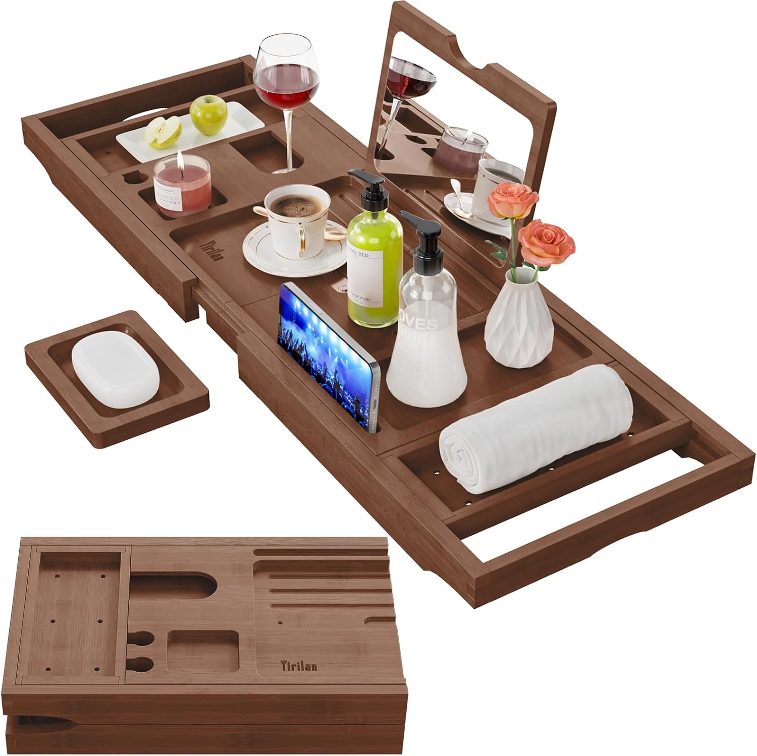 Yirilan Premium Bathtub Tray Caddy - Expandable Bath Tray - Unique House Warming Gifts, New Home, Anniversary & Wedding Gifts for Couple, Bridal Shower Gift for Women