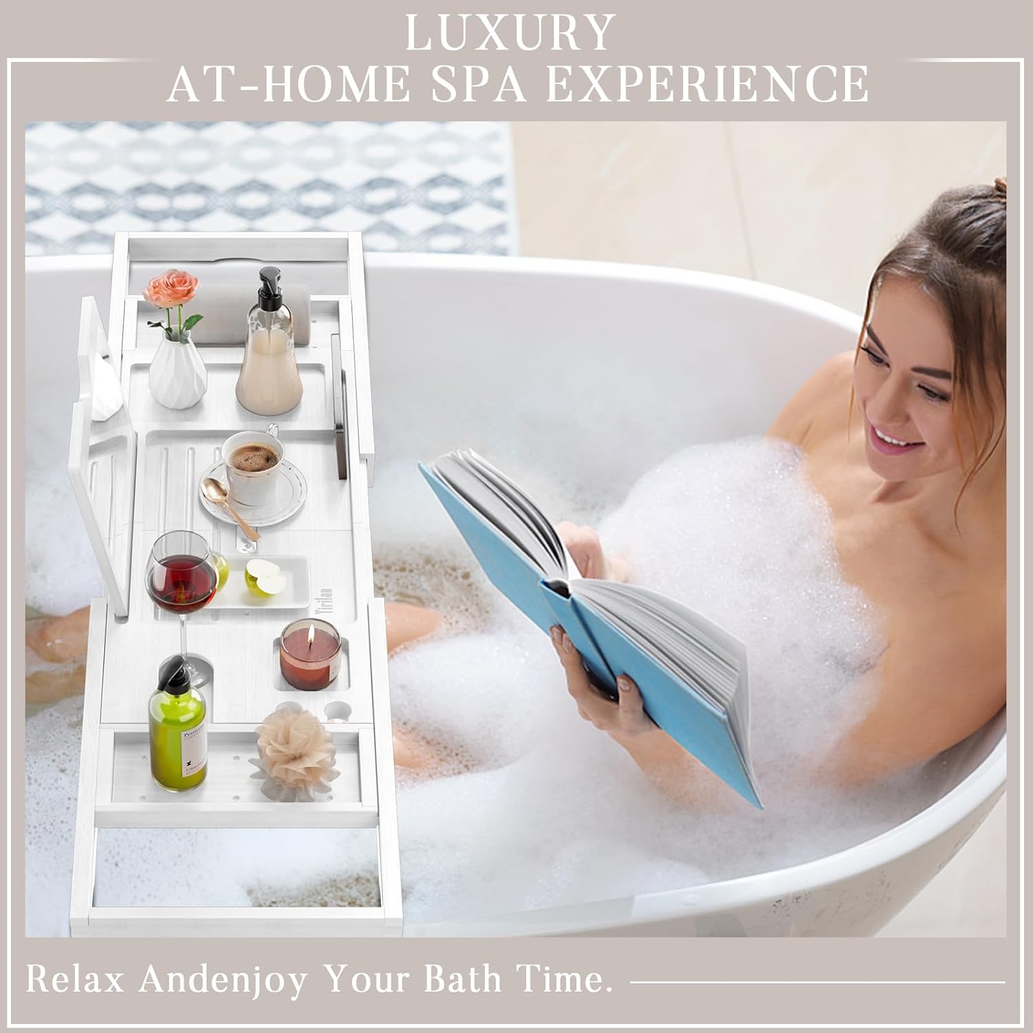 Yirilan Premium Bathtub Tray Caddy - Expandable Bath Tray - Unique House Warming Gifts, New Home, Anniversary & Wedding Gifts for Couple, Bridal Shower Gift for Women