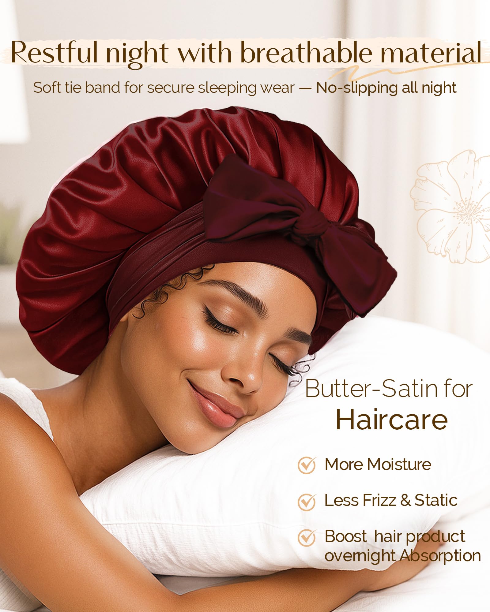 Adjustable Double Layer Satin Bonnet, Silk Hair Bonnet for Sleeping with Elastic Tie Curly Natural Hair Reduce frizz