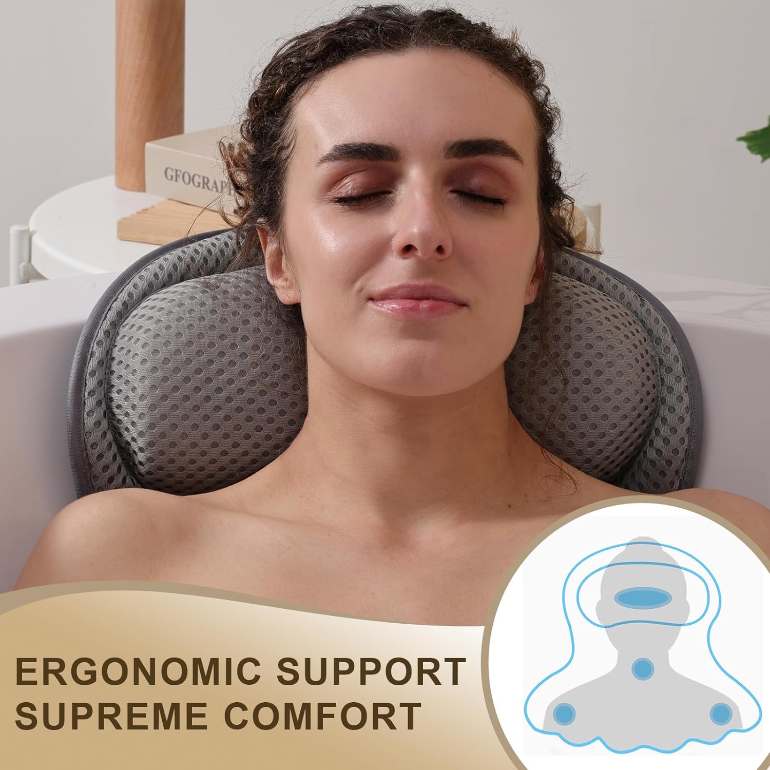 Bath Pillow Luxury Bathtub Pillow, Extra Soft & Comfortable Bath Pillow for Tub Head Neck and Back Support, with 3D Air Mesh Cushions & Non-Slip Suction Cups – Great Christmas Bath Gift (Gray)