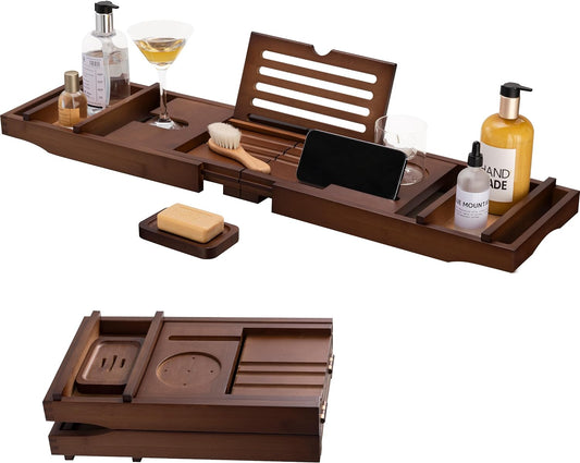 HBlife Bathtub Caddy Tray Foldable Bamboo Bath Table Tray with Book and Wine Glass Holder, Expandable Bathroom Accessories