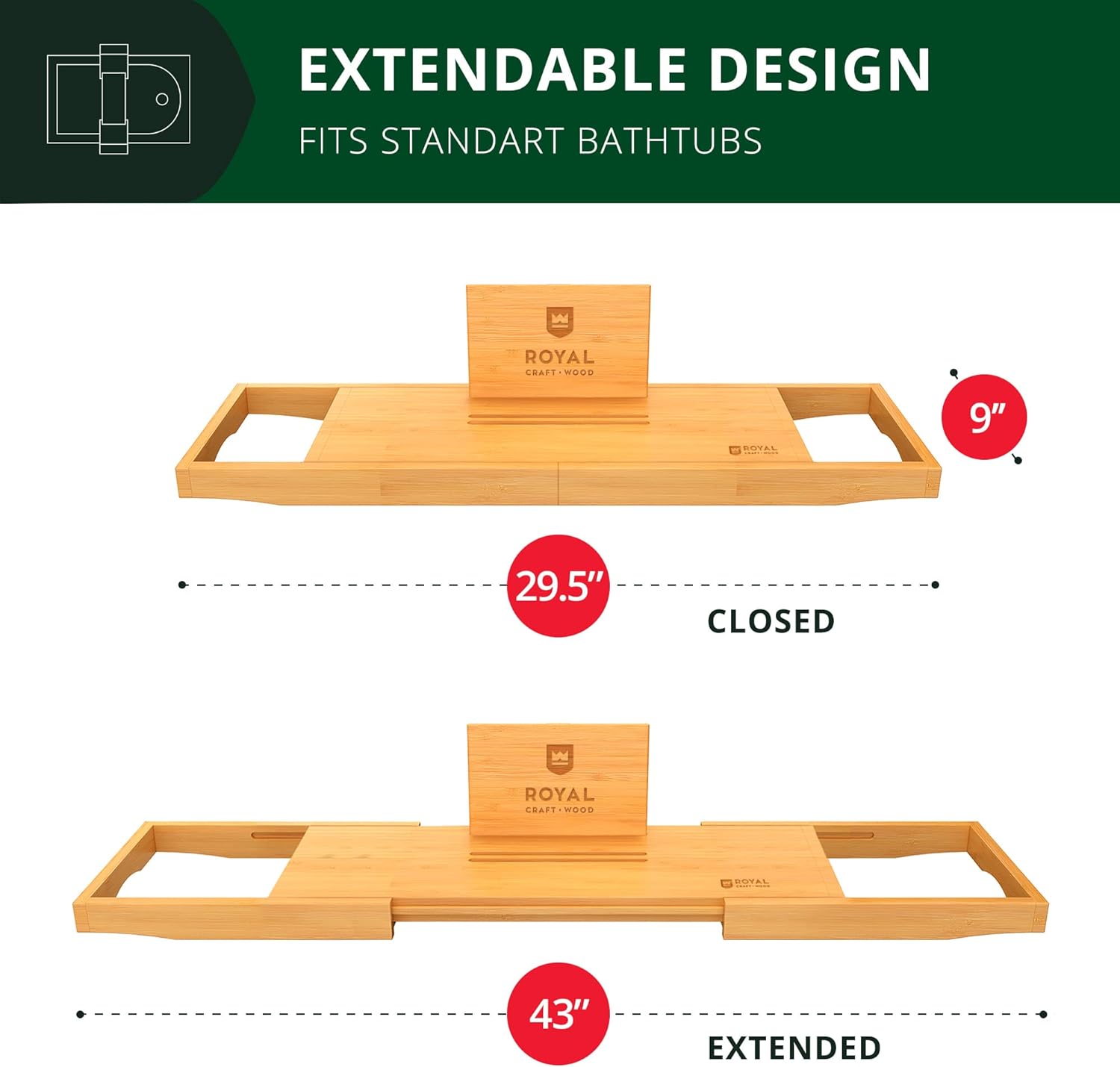 ROYAL CRAFT WOOD Foldable Bathtub Tray Caddy Bamboo Bathtub Tray Expandable, Bath Tub Table Caddy with Extending Sides - Free Soap Dish