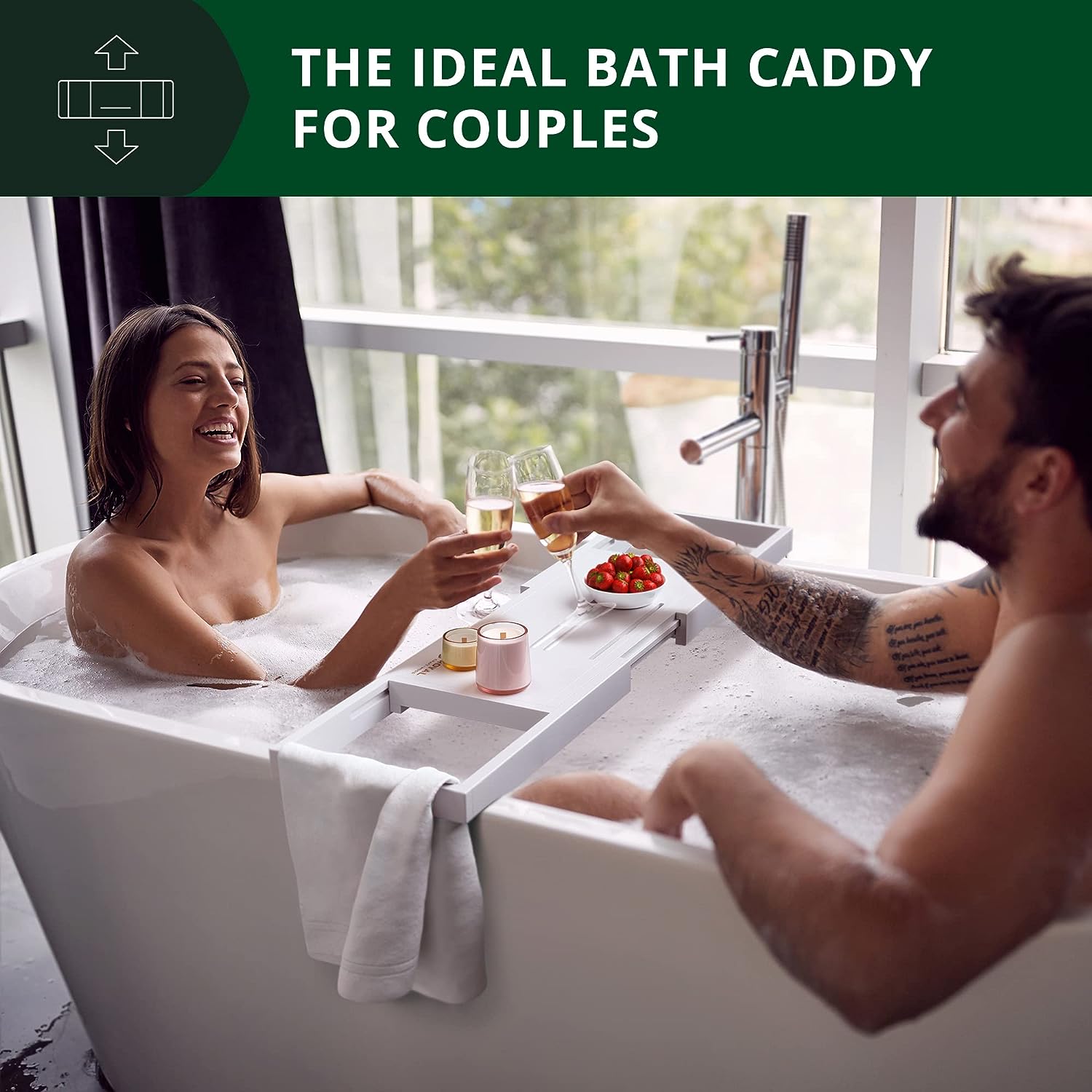 ROYAL CRAFT WOOD Foldable Bathtub Tray Caddy Bamboo Bathtub Tray Expandable, Bath Tub Table Caddy with Extending Sides - Free Soap Dish