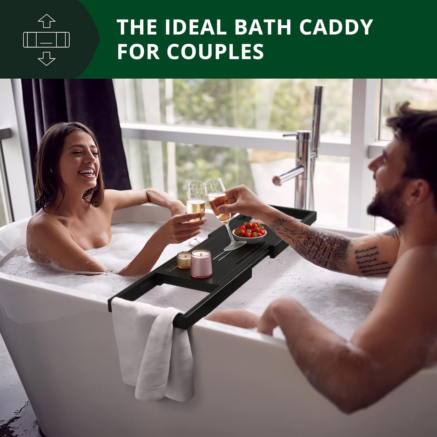 ROYAL CRAFT WOOD Foldable Bathtub Tray Caddy Bamboo Bathtub Tray Expandable, Bath Tub Table Caddy with Extending Sides - Free Soap Dish
