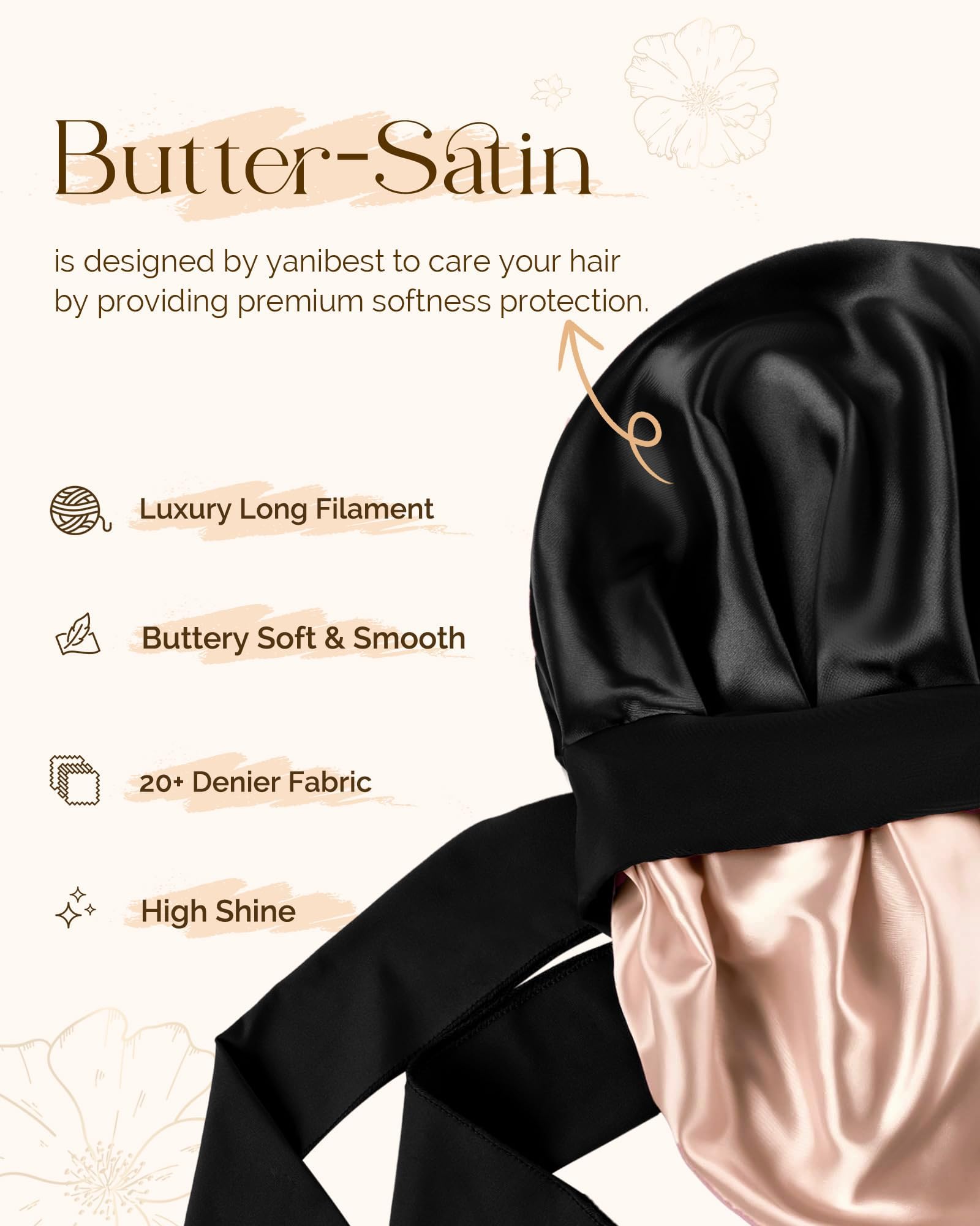 Adjustable Double Layer Satin Bonnet, Silk Hair Bonnet for Sleeping with Elastic Tie Curly Natural Hair Reduce frizz