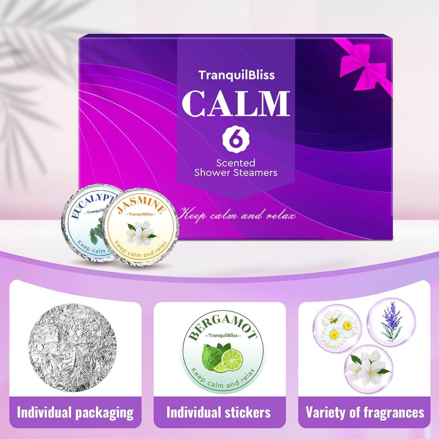 TranquilBliss Shower Steamers, Shower Bombs with Natural Fragrance, Self Care& Relaxation, Christmas Birthday Gifts for Women and Mom, Stocking Stuffers, Individually Packaged, Purple Set 6Pack