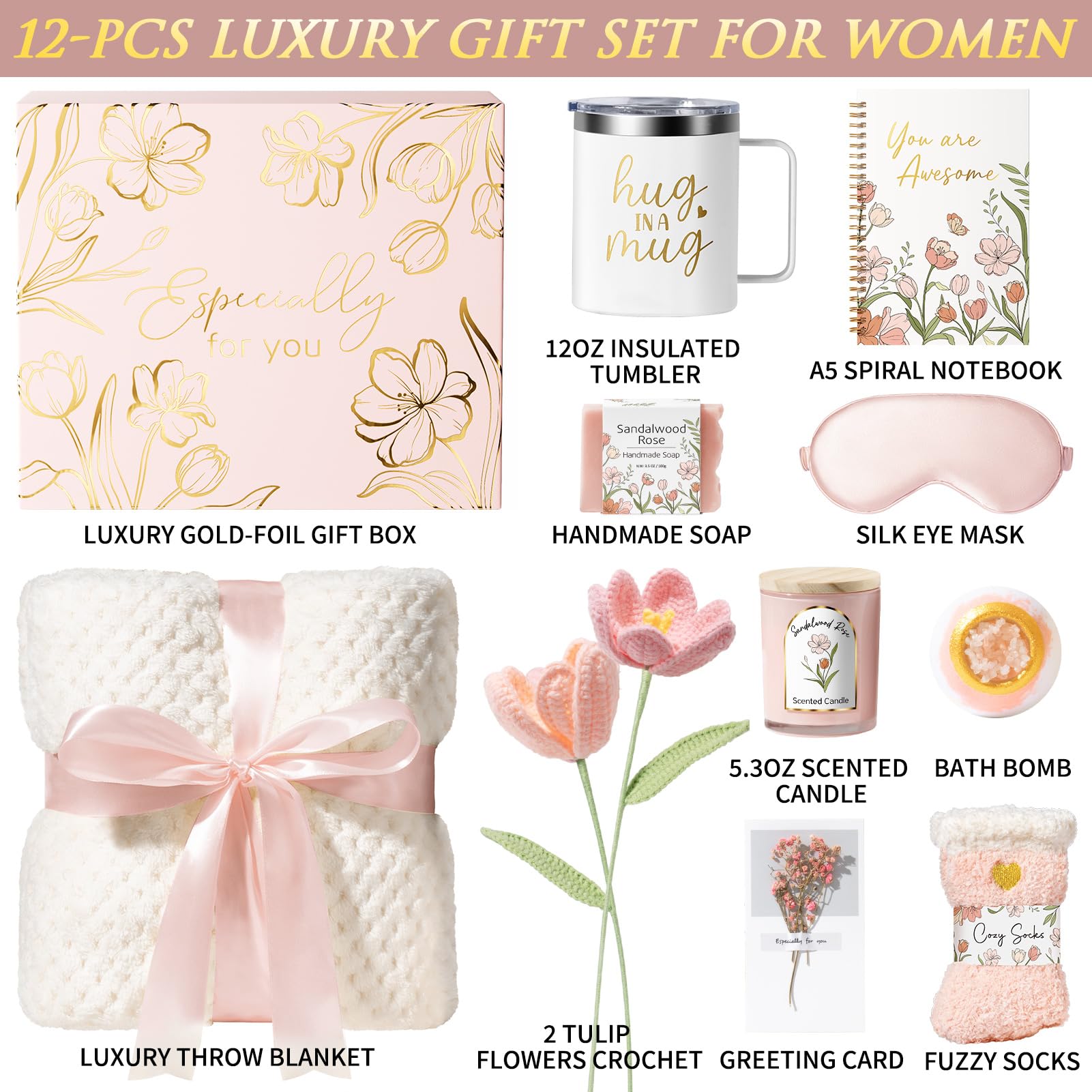 Gift Basket for Women – Self Care Spa Gift Set for Friend with Blanket, Tumbler & Relaxing Essentials.