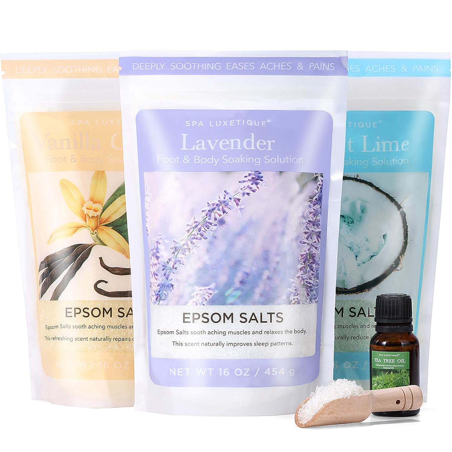 Epsom Salts for Soaking, Spa Luxetique Bath Salts for Women Relaxing Gifts Set with Lavender, Vanilla and Coconut Scent Bath Set with Tea Tree Oil Gifts for Mom Christmas Gifts