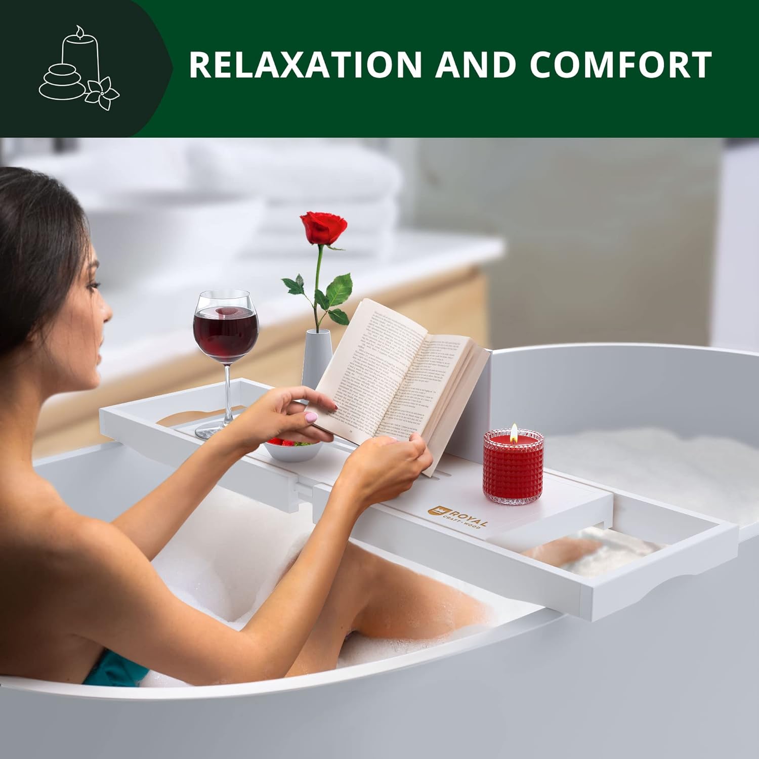 ROYAL CRAFT WOOD Foldable Bathtub Tray Caddy Bamboo Bathtub Tray Expandable, Bath Tub Table Caddy with Extending Sides - Free Soap Dish