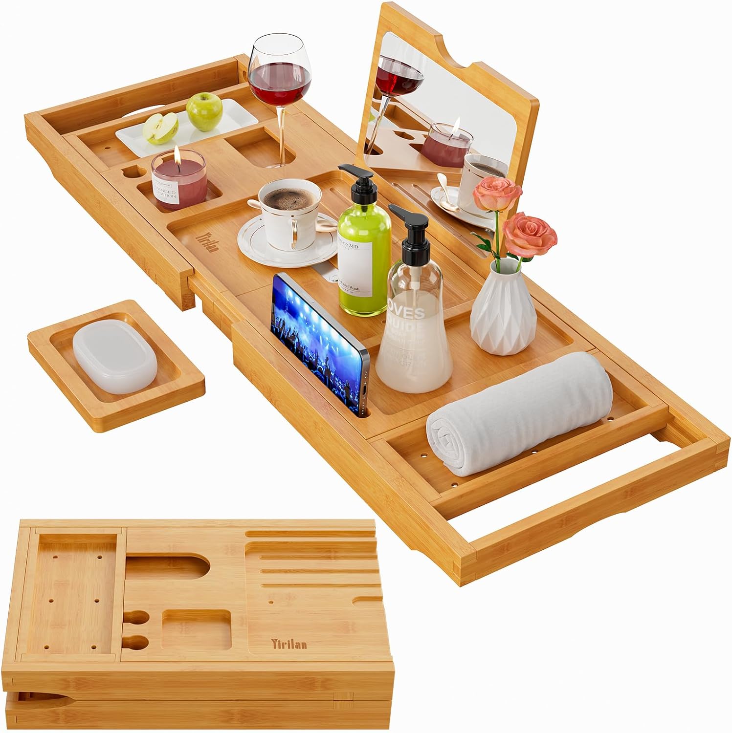 Yirilan Premium Bathtub Tray Caddy - Expandable Bath Tray - Unique House Warming Gifts, New Home, Anniversary & Wedding Gifts for Couple, Bridal Shower Gift for Women