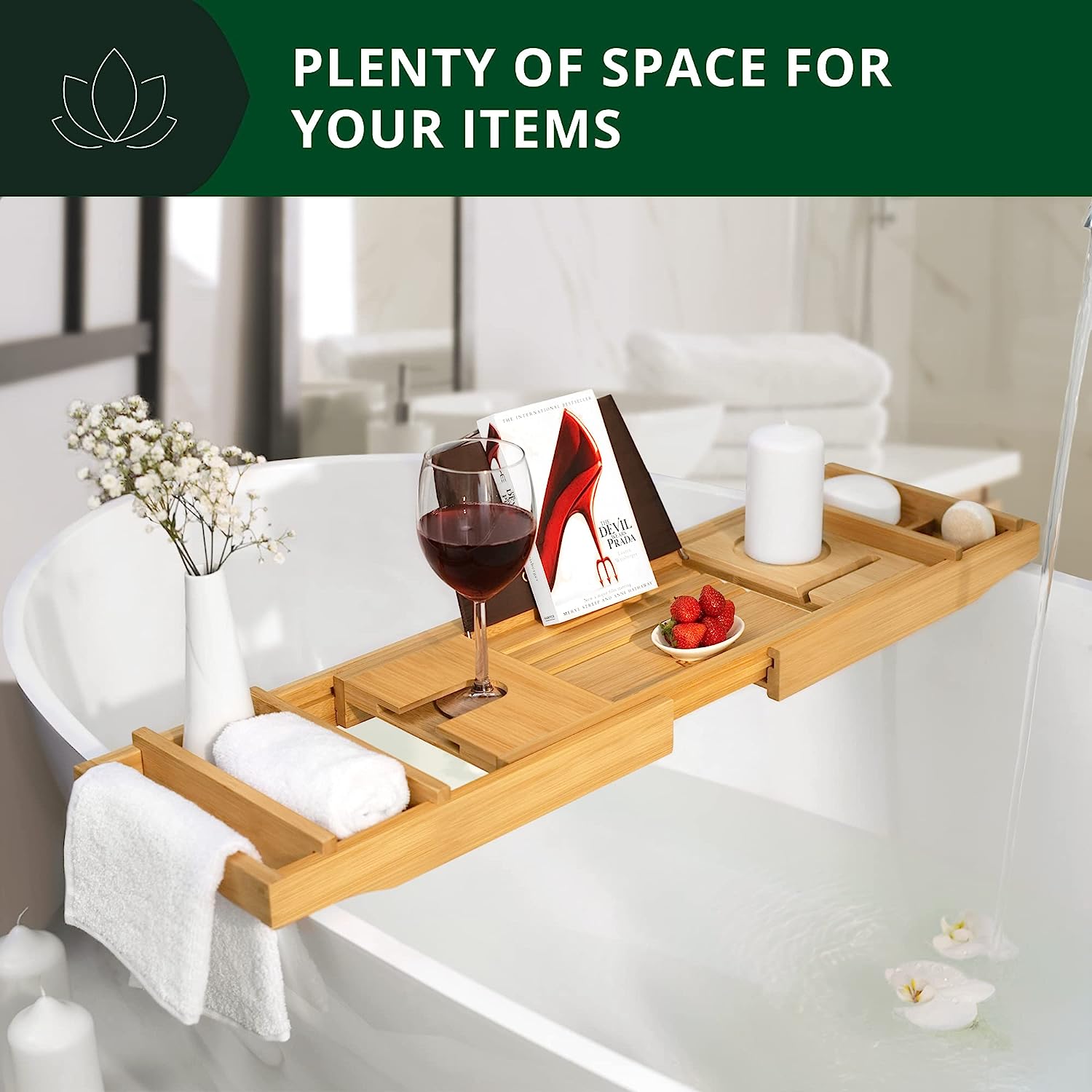 ROYAL CRAFT WOOD Foldable Bathtub Tray Caddy Bamboo Bathtub Tray Expandable, Bath Tub Table Caddy with Extending Sides - Free Soap Dish
