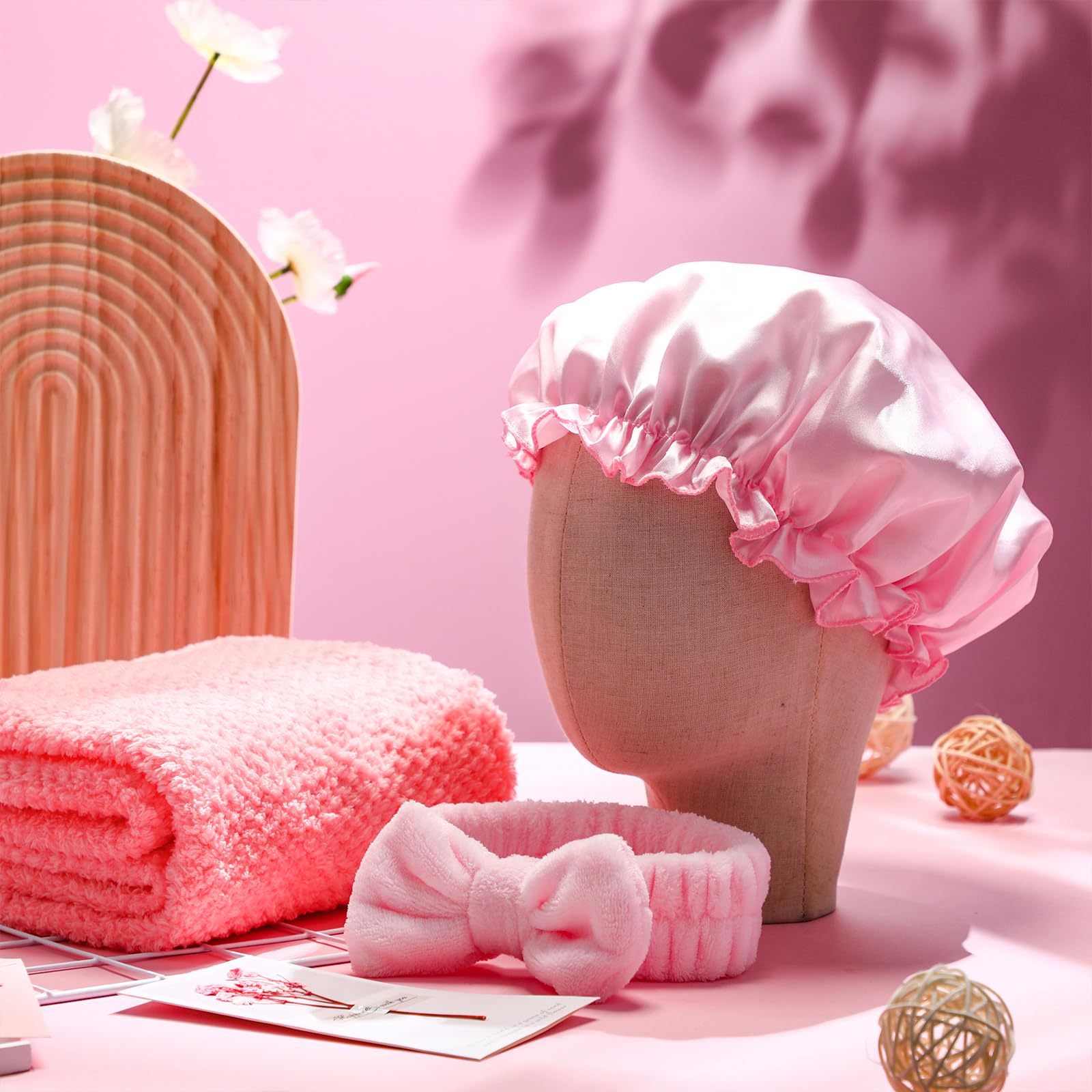Sawysine 12 Pcs Mother's Day Hair Care Gift Set with Pink Microfiber Hair Drying Towel Spa Kit Include Quick Dry Hairs Towel Wrap Silk Bonnet Headband Brush for Women Birthday Wedding Gifts
