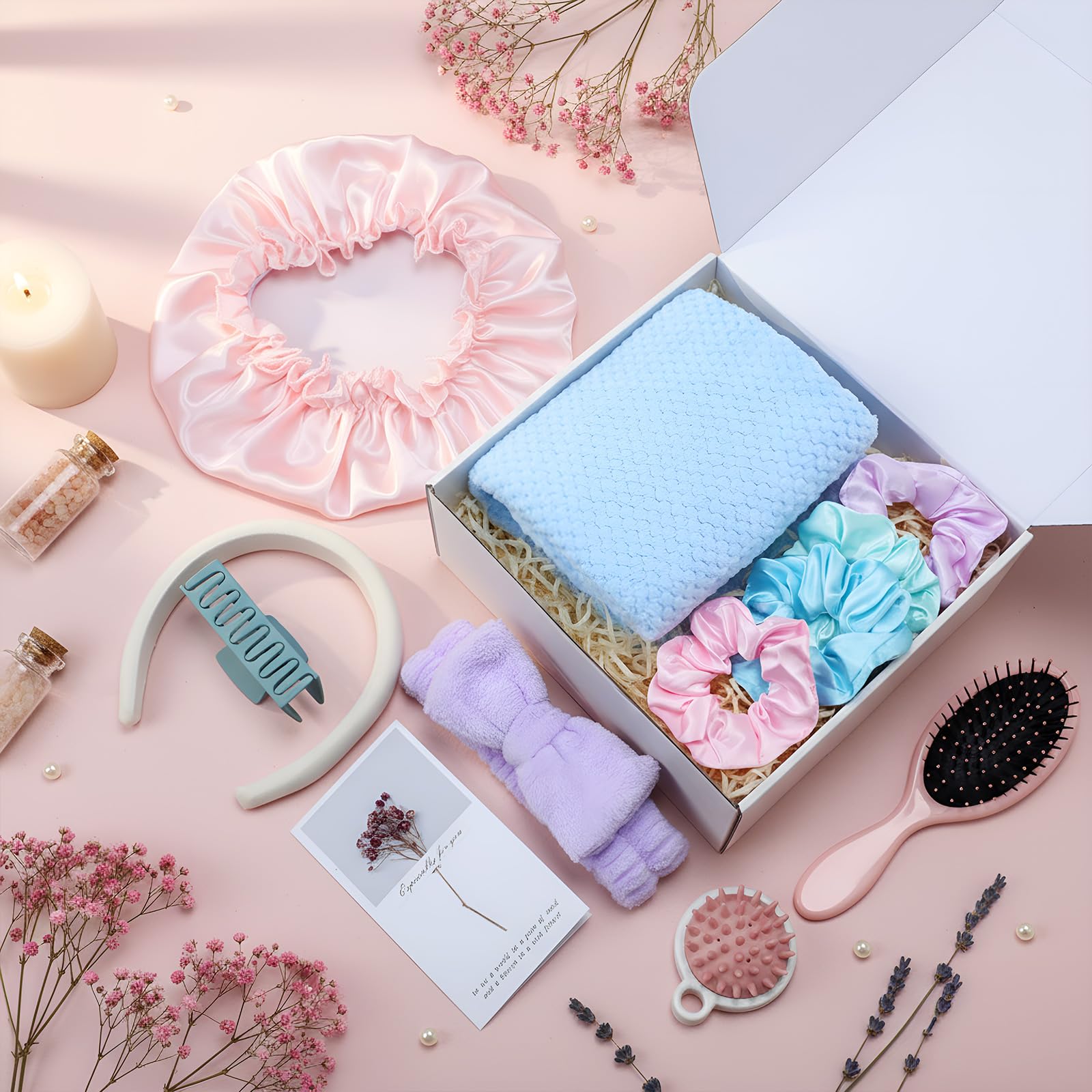 Sawysine 12 Pcs Mother's Day Hair Care Gift Set with Pink Microfiber Hair Drying Towel Spa Kit Include Quick Dry Hairs Towel Wrap Silk Bonnet Headband Brush for Women Birthday Wedding Gifts