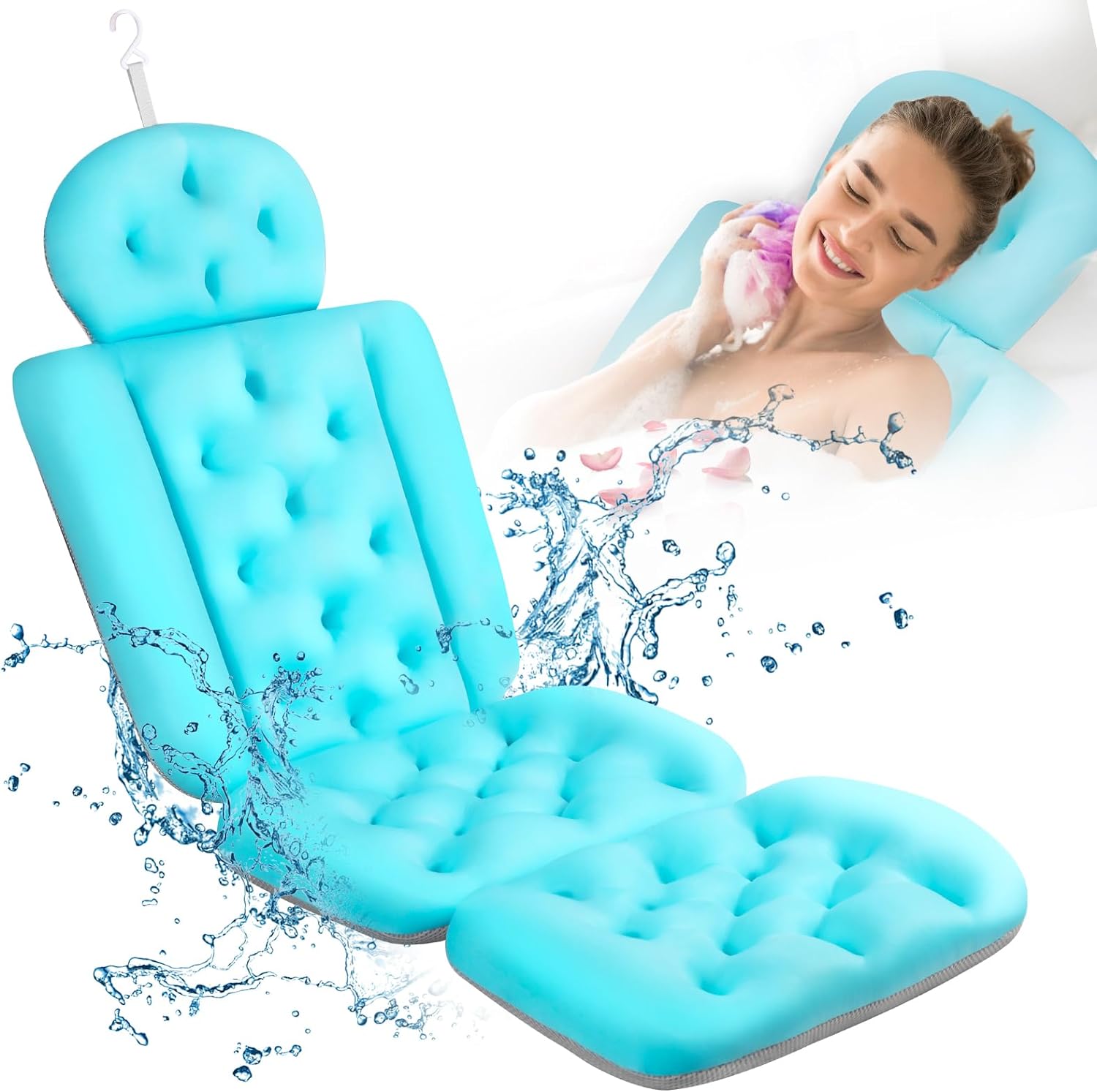 Full Body Bath Pillow, Bath Pillows for Tub with Powerful Non-Slip Suction Cups and Mesh Laundry Bag, Thick Bathtub Pillow for Head Neck and Back Support, Quick Drying & 3D Air Mesh, Blue