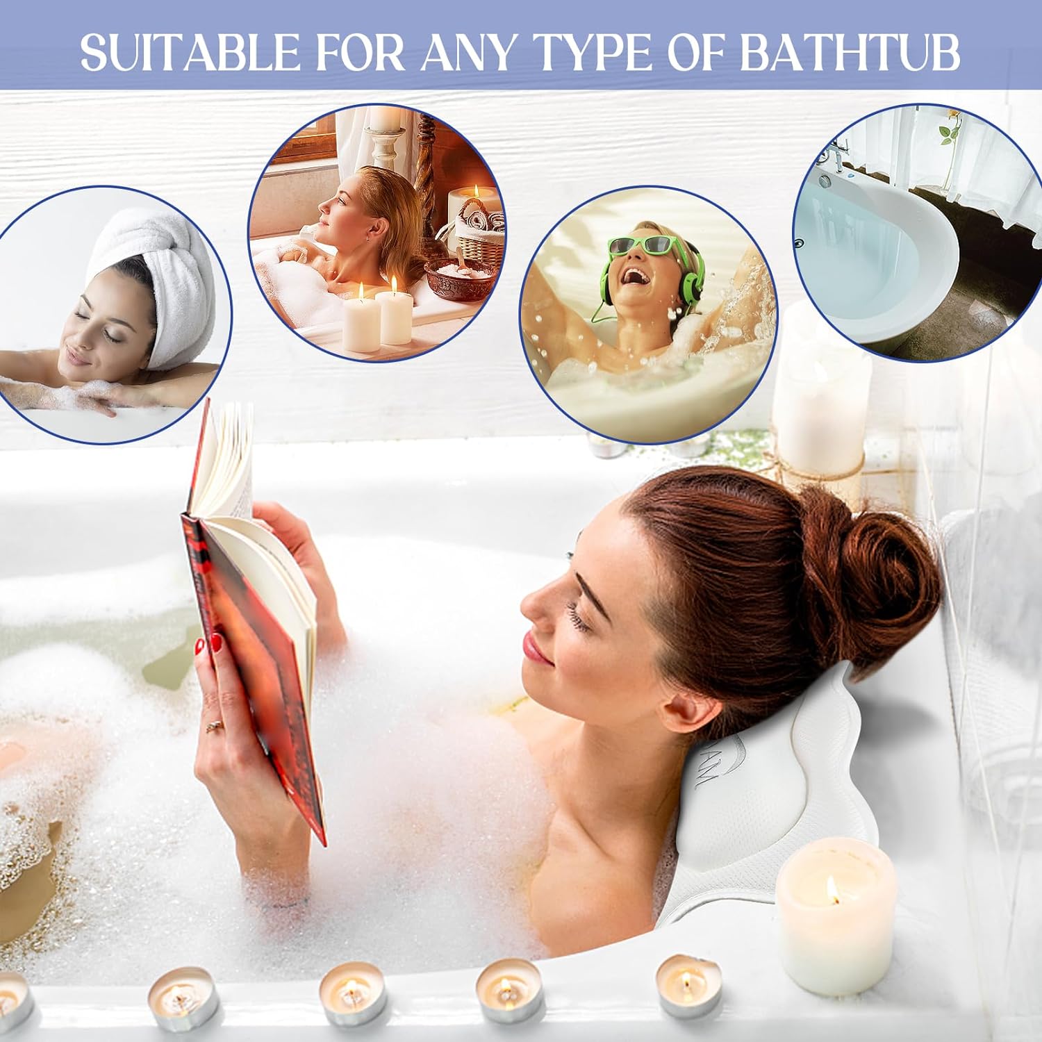 Bath Pillow for Tub Neck and Back Support Bathtub Pillow Essential Bath Accessory for Soaking, Jacuzzi or Spa Bathtub, Luxury Soft 4D Bath Tub Pillow with Strong Suction Cups for Body Relaxing - White