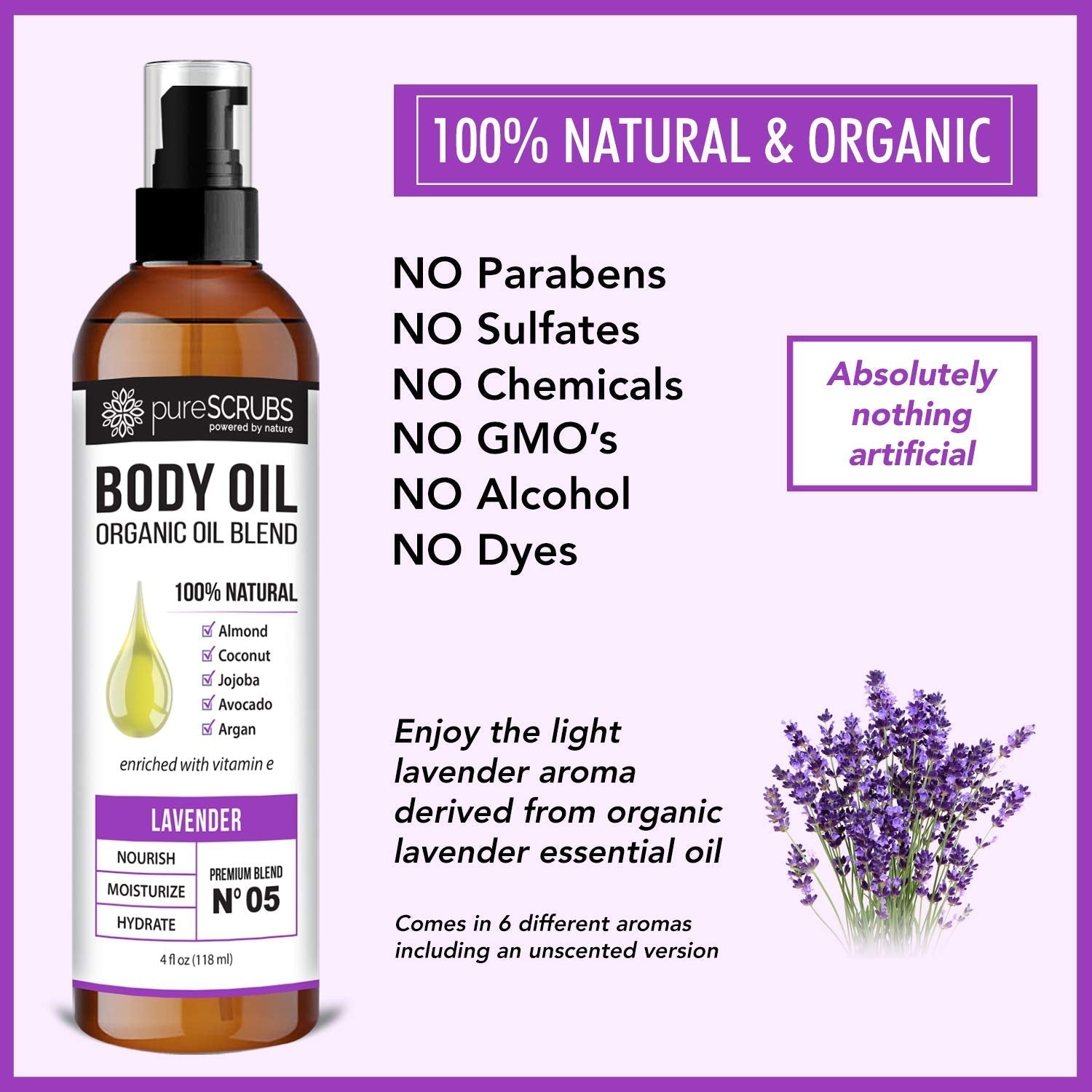 pureSCRUBS Ultra Moisturizing SANDALWOOD BODY OIL Spray For Dry Skin, Massage, Cuticles & More, Organic Blend of Jojoba, Argan, Coconut, Sweet Almond & Avocado Oils Enriched with Vitamin E - Lg 4oz
