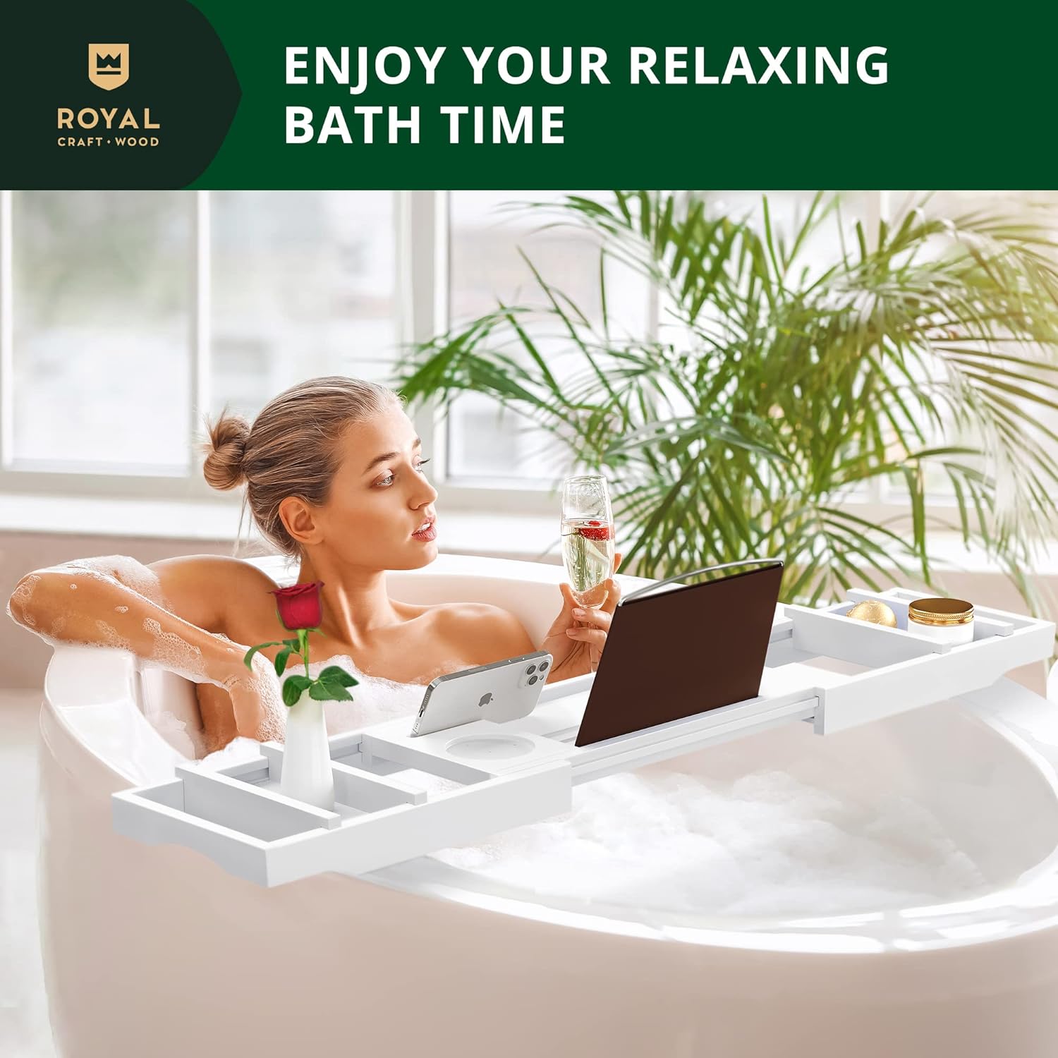 ROYAL CRAFT WOOD Foldable Bathtub Tray Caddy Bamboo Bathtub Tray Expandable, Bath Tub Table Caddy with Extending Sides - Free Soap Dish