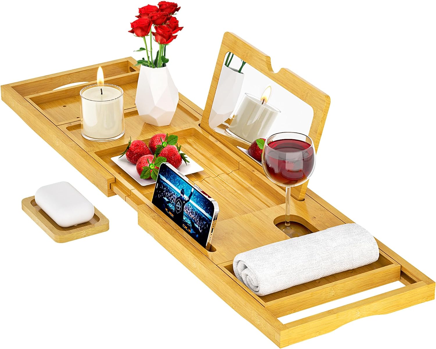 Premium Bathtub Tray Caddy - Bath Tray Bamboo Expandable - Bath Tub Tray Table for Bathtub - Expandable Size, Fits Most Bath Tubs